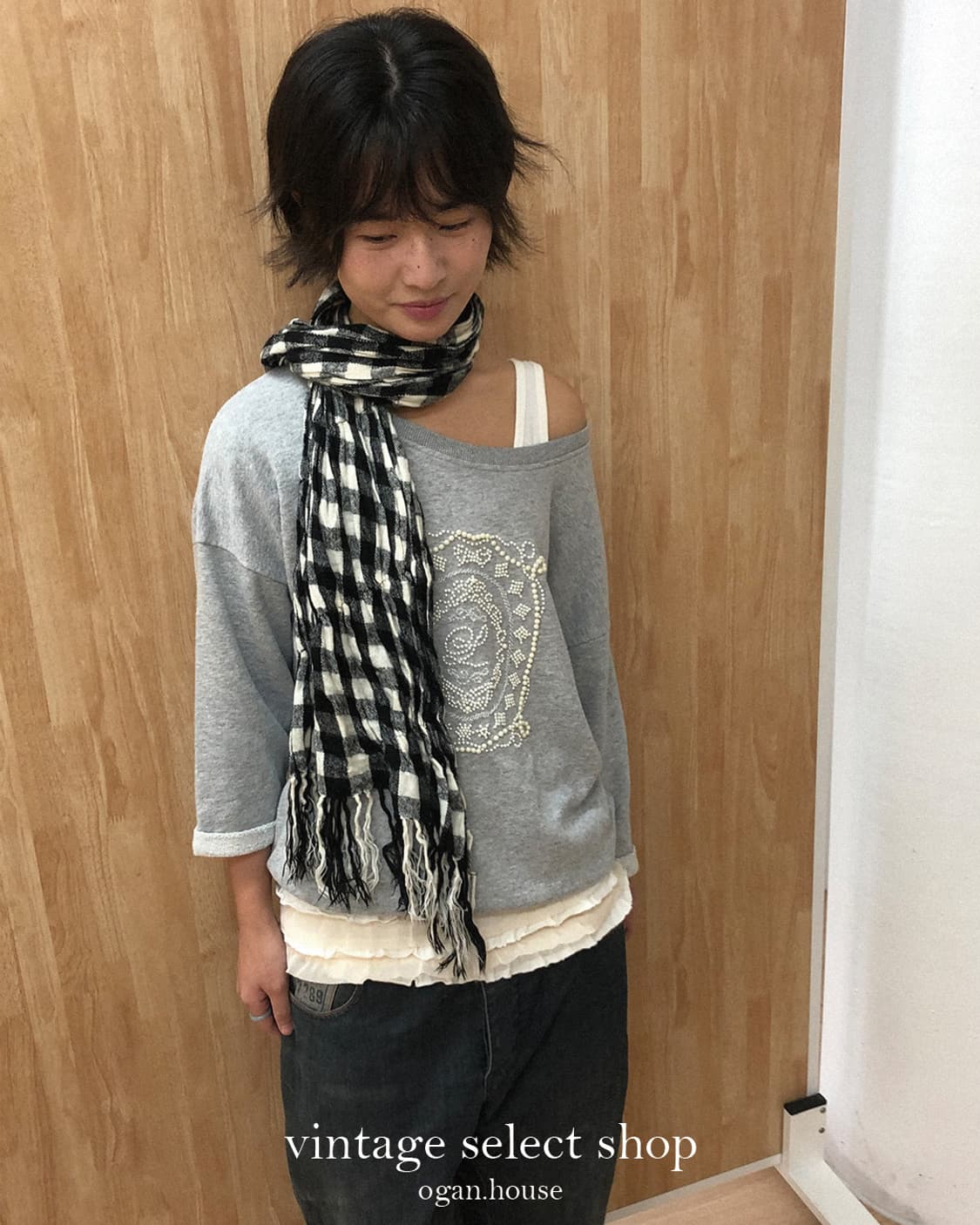 vintage beads sweatshirt + frill top set 상품이미지1