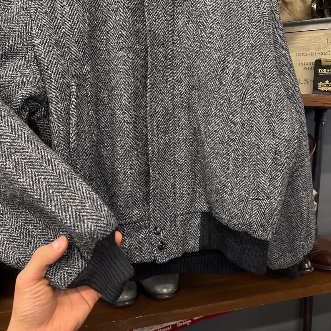 80s John L Blain 트위드 헤링본 패디드 울 블루종 N369 상품이미지4