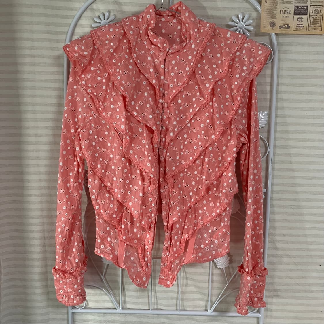 빈티지 핑크 플라워 패턴 레이스 블라우스 958 y2k 스트릿 갸루 펑키 상품이미지1