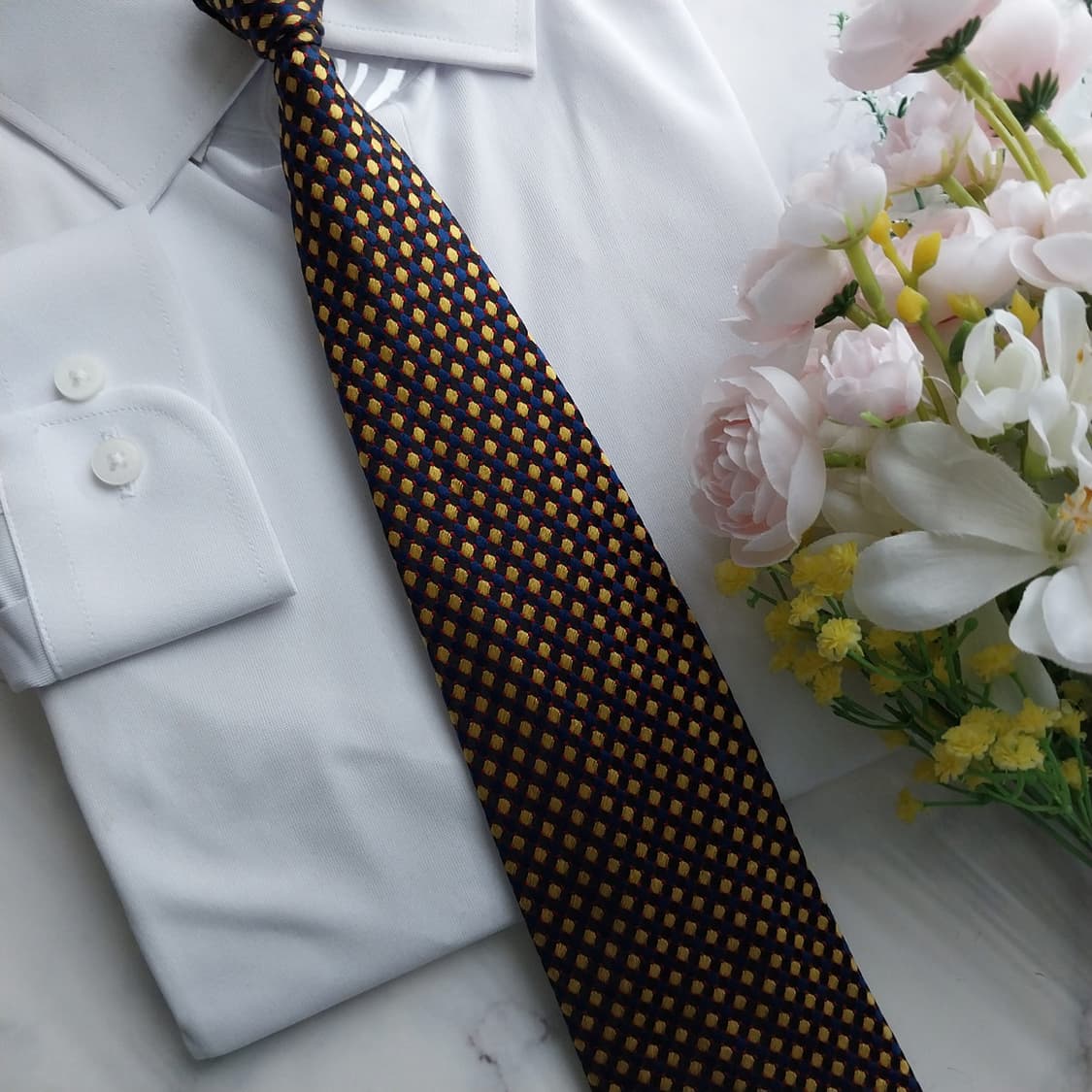 아쿠아스큐텀 실크 네이비 체크 도트 넥타이 9.3cm A+등급 K1215 상품이미지7