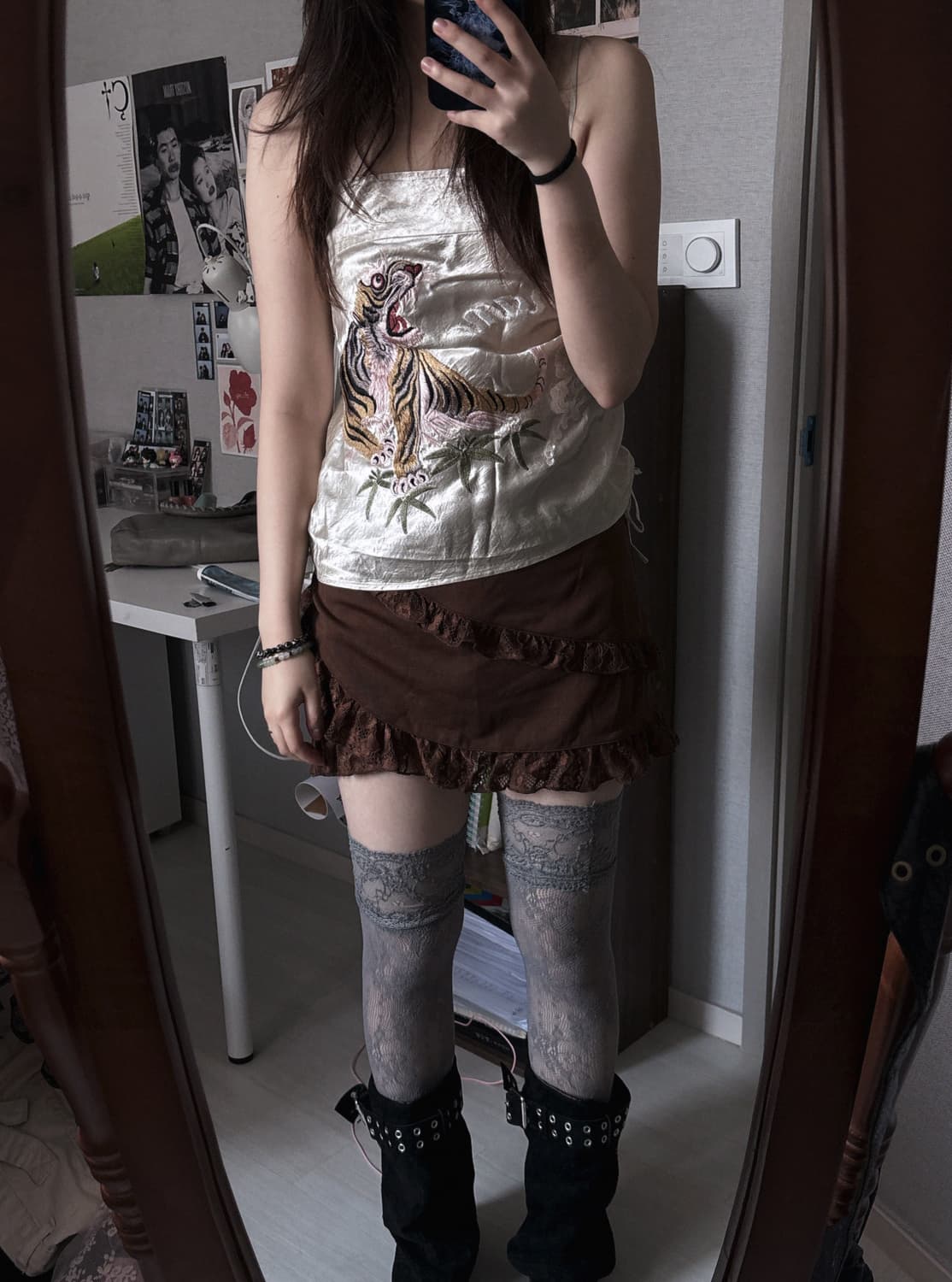 브라운 레이스 버튼 장식 스커트 상품이미지3