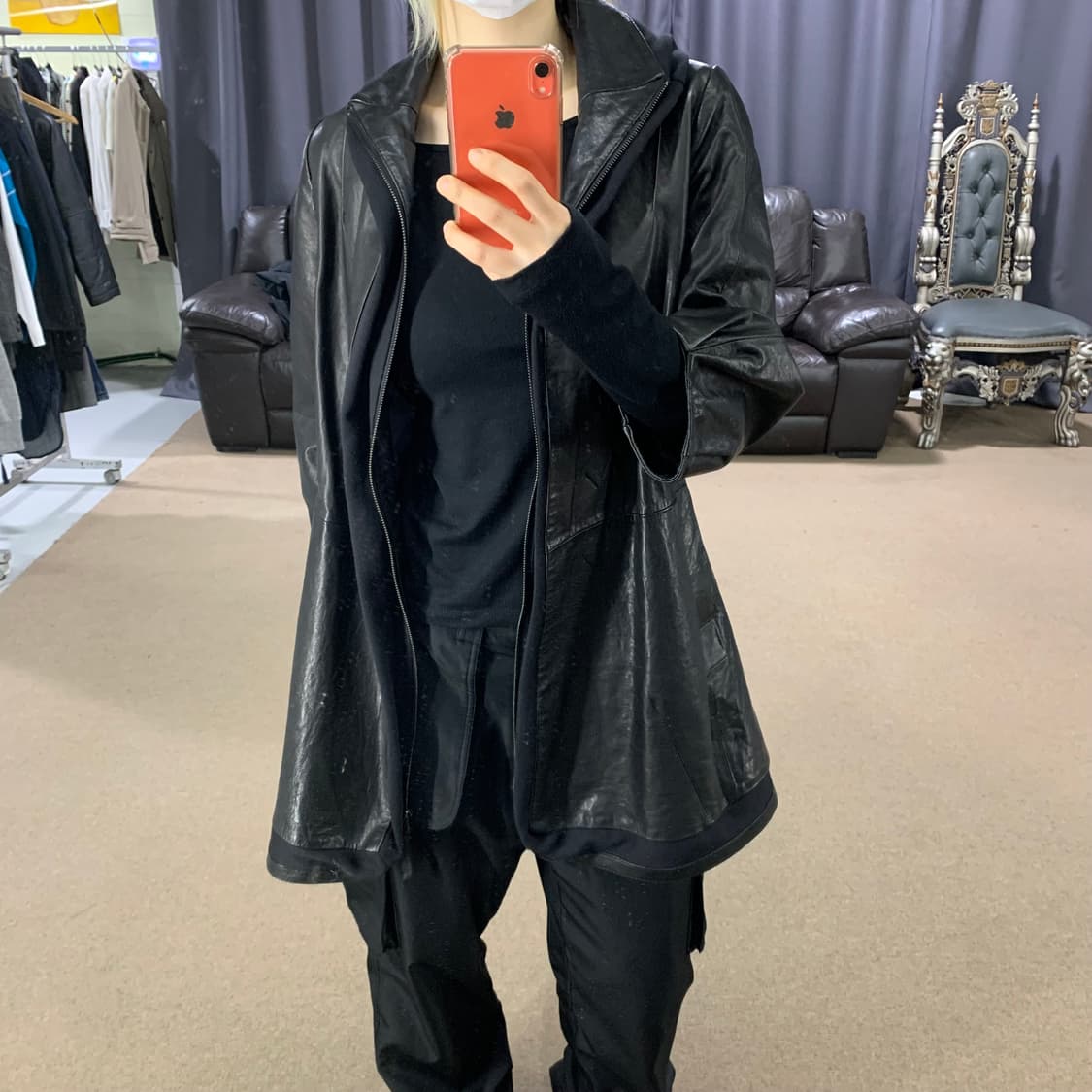 빈티지 블랙 리얼레더 후드st 집업 배색 롱 양가죽자켓 남녀공용 하프코트 상품이미지2