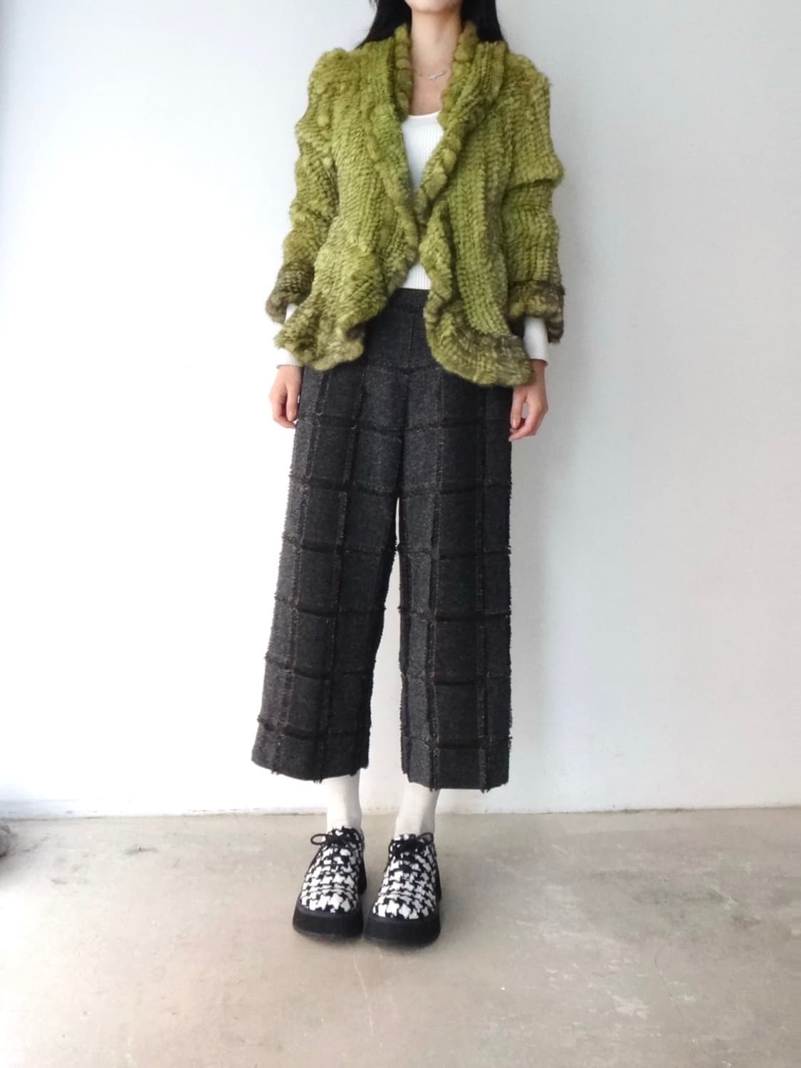Check trimming mid warm pants / navy 상품이미지1