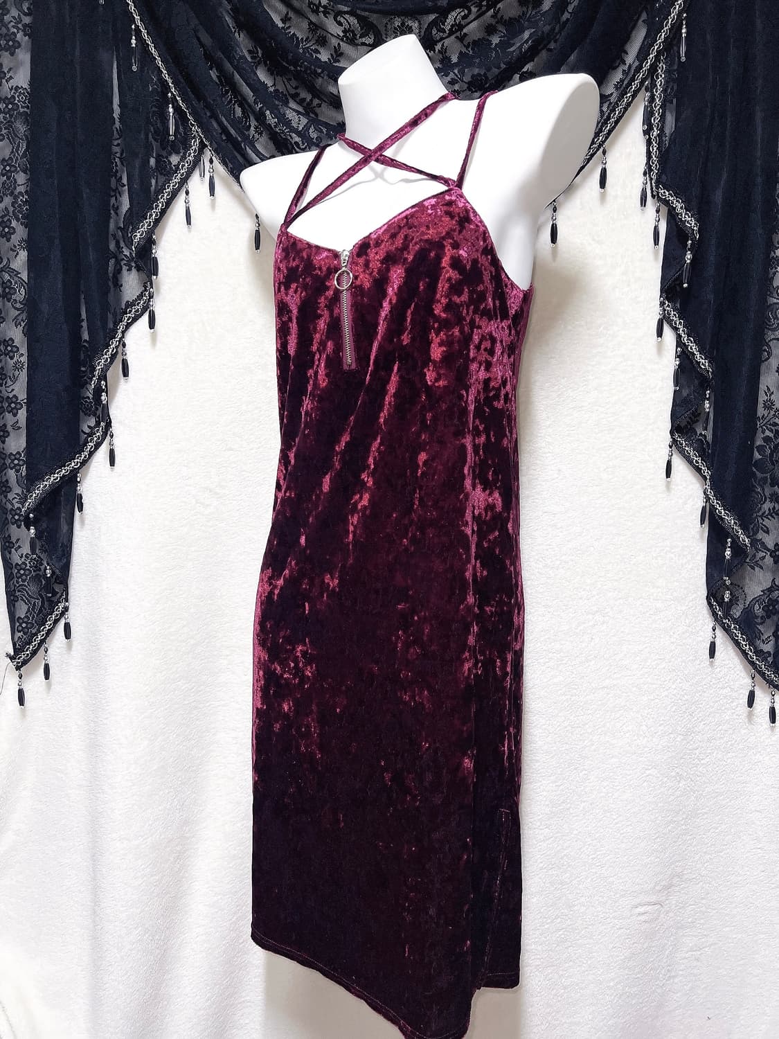 로맨틱고딕 고스펑크 벨벳 버건디 롱원피스 홀터넥 드레스 슬립 연말 섹시 상품이미지4