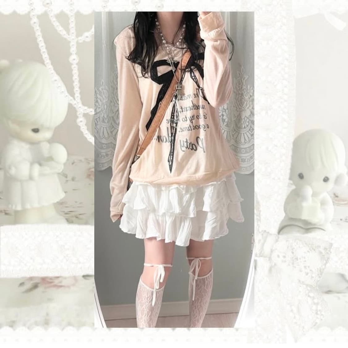 퍄뮤빈티지 파뮤 걸리쉬 페이지보이 리본 프린팅 티셔츠 히메오네갸루로걀공겜 상품이미지2