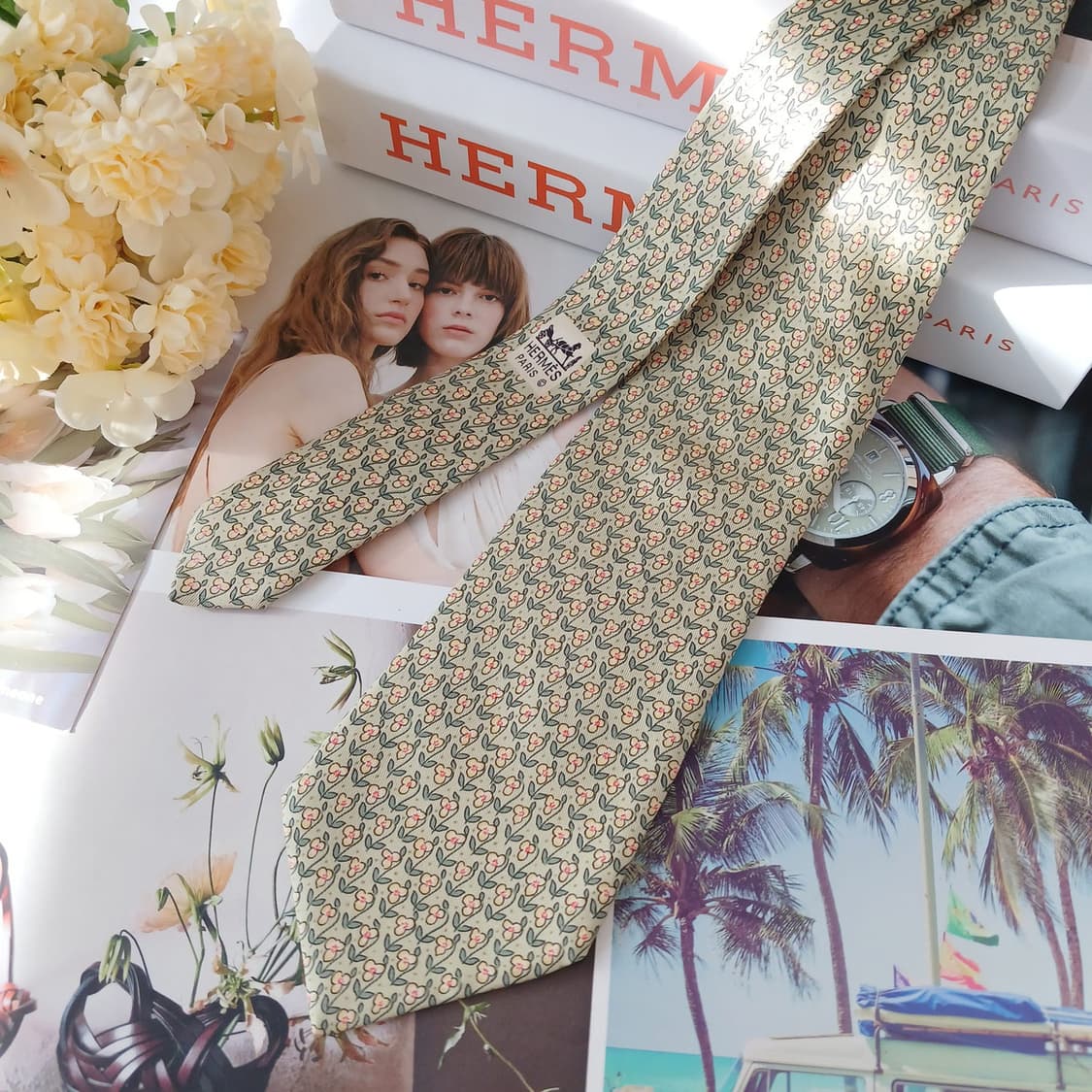 에르메스 실크 파스텔그린 플로럴 넥타이 9.4cm A-등급 A19053
 상품이미지2