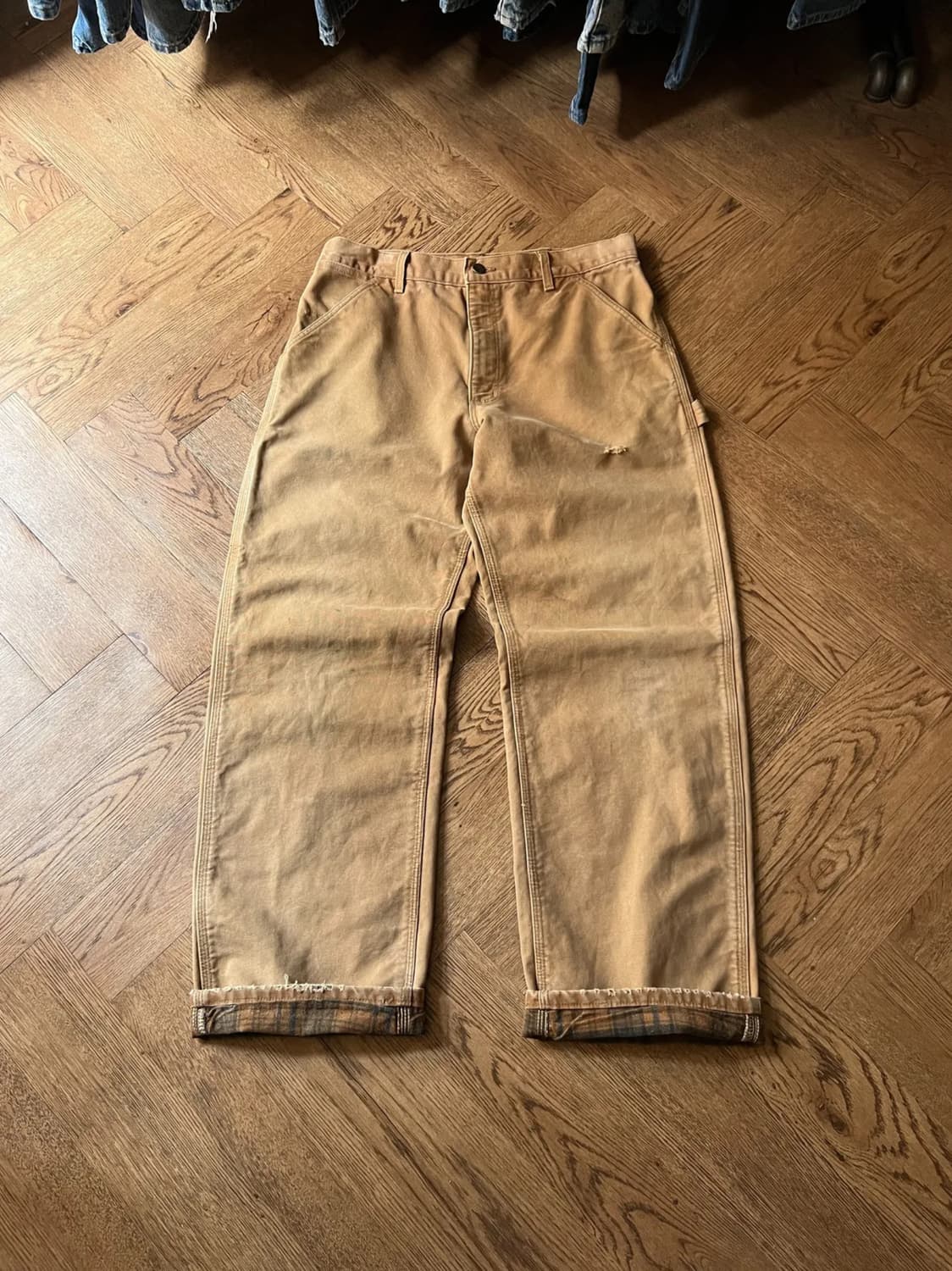 [33]칼하트 USA 체크 라이닝 브라운 싱글니 카펜터 워크 팬츠 상품이미지1