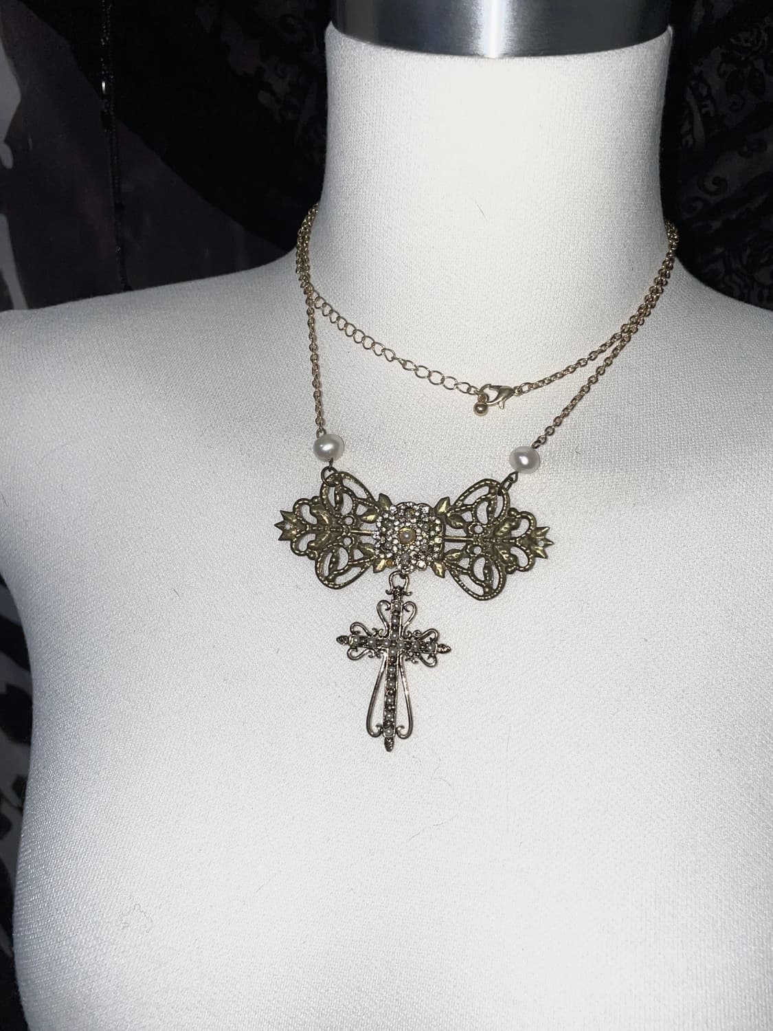 빈티지 앤틱 크로스 십자가 진주 오리엔탈 골드 펜던트 목걸이 상품이미지1