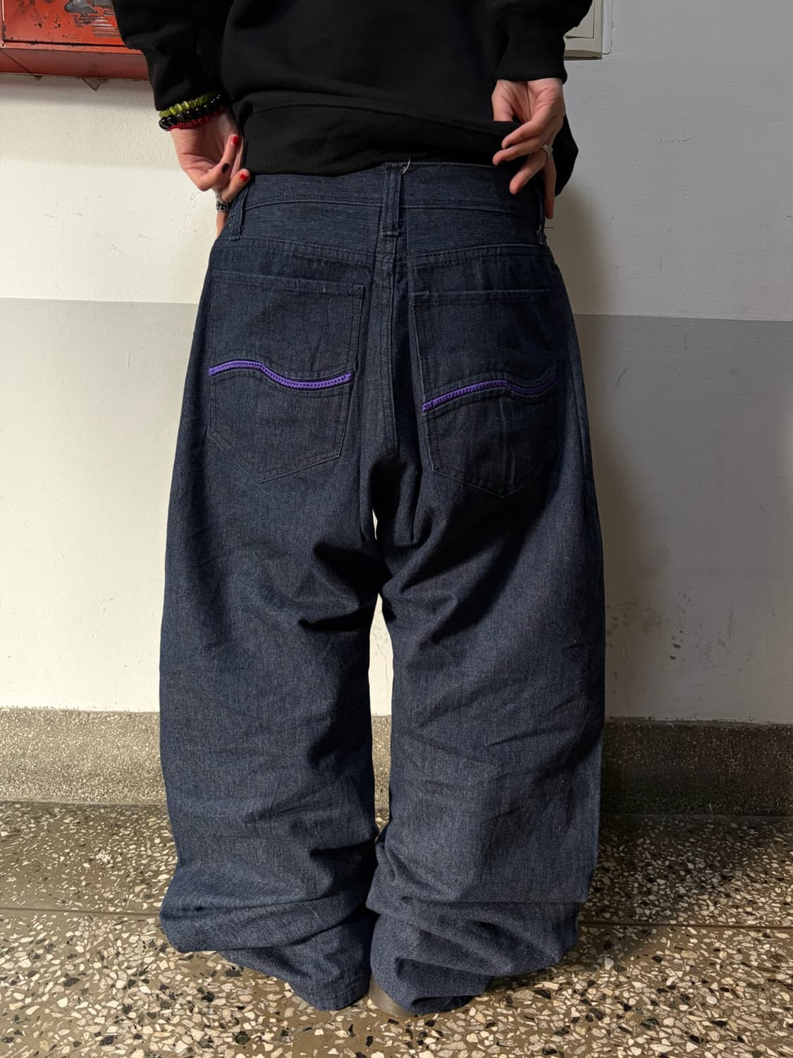 90s 올드스쿨 션존자수 오버 와이드 데님 팬츠 상품이미지1
