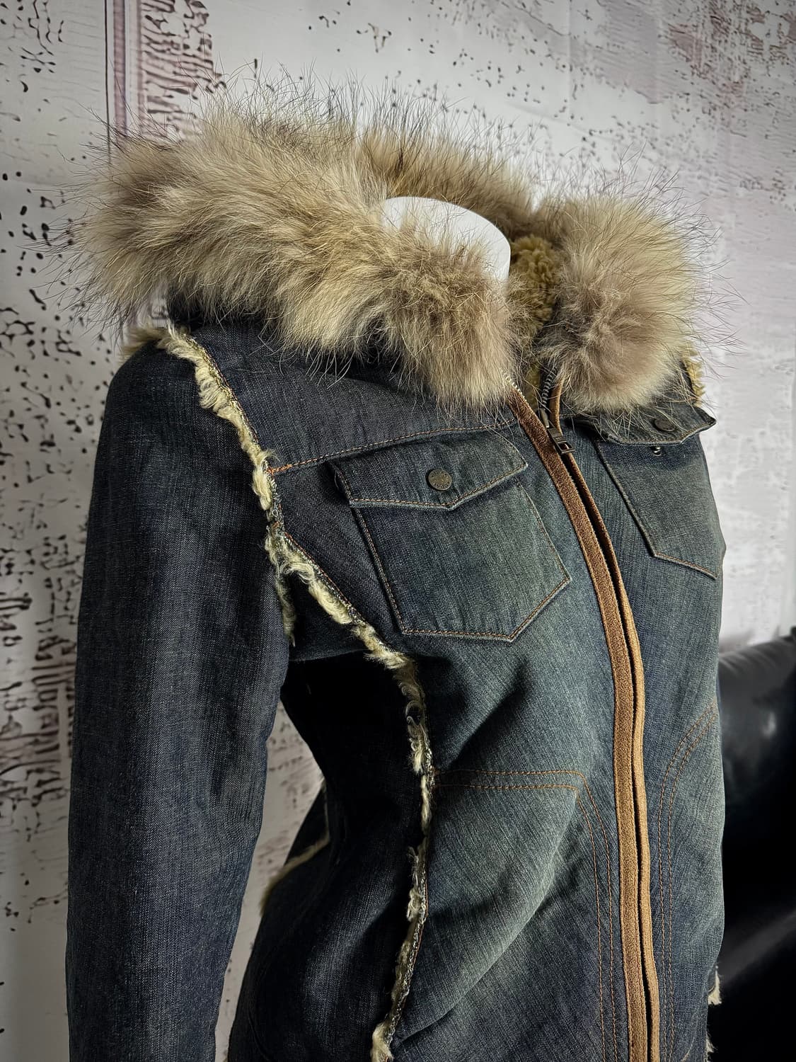 Y2K Fur-Trim Hooded Denim Jacket 상품이미지2