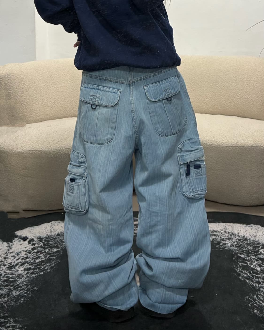 90s 올드스쿨 빈티지 스트라이프 워시드 데님 카고 와이드 힙합팬츠 상품이미지1