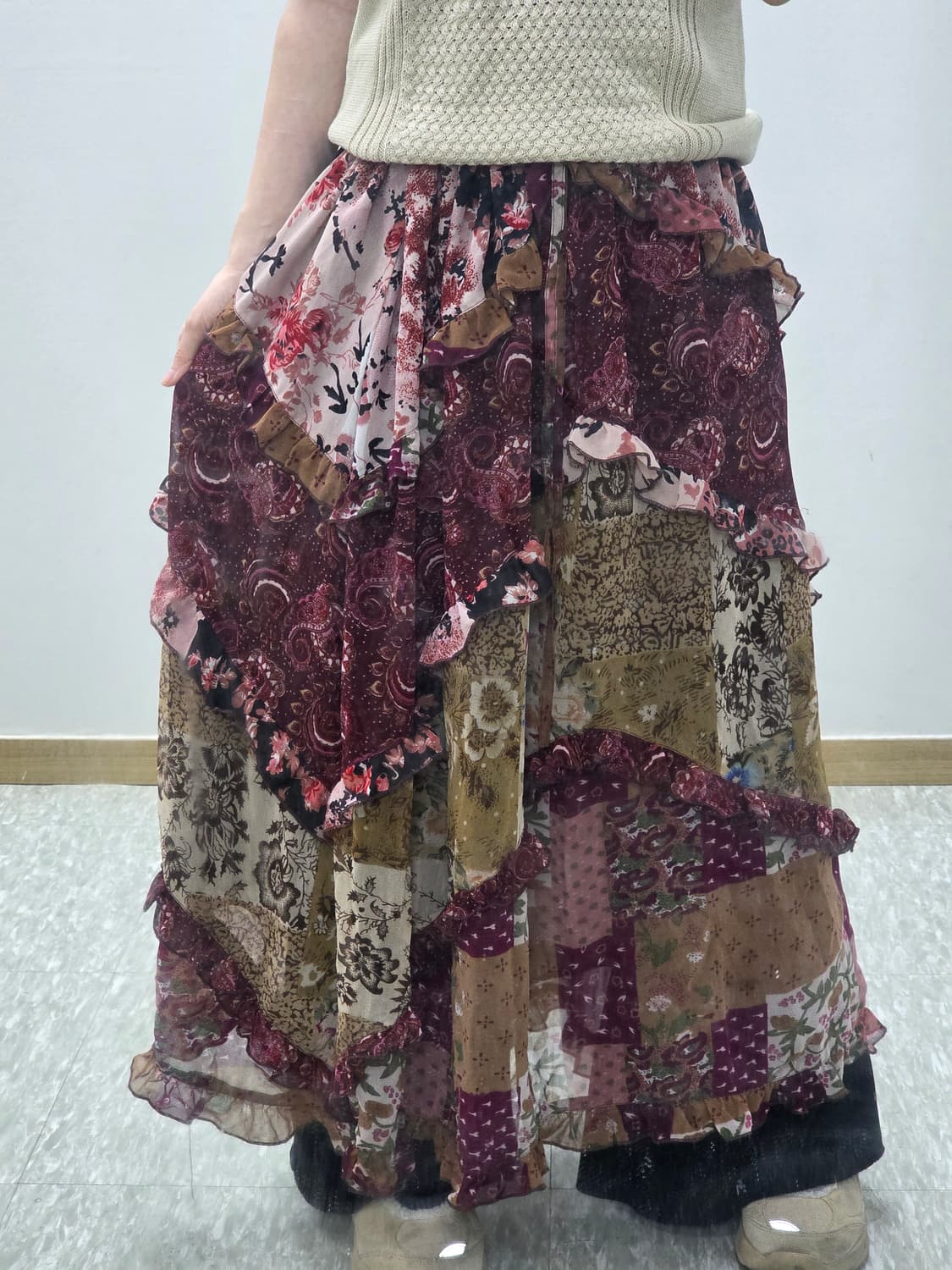 일본빈티지)플로럴 셔링 캉캉 스즈코 모리걸 보헤미안 패치워크st 롱스커트 상품이미지5