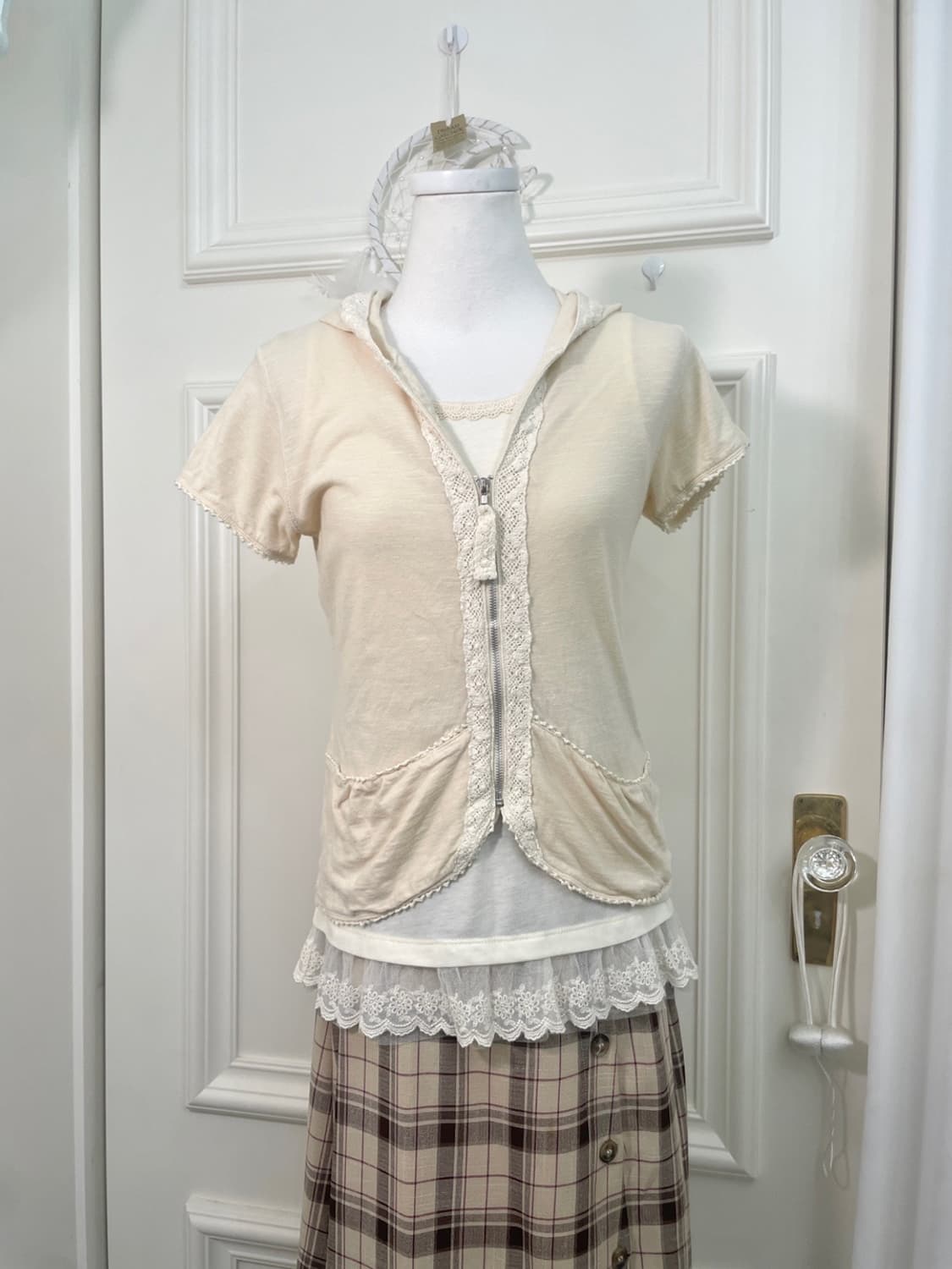 butter cream lace trim cotton half zip-u 상품이미지1