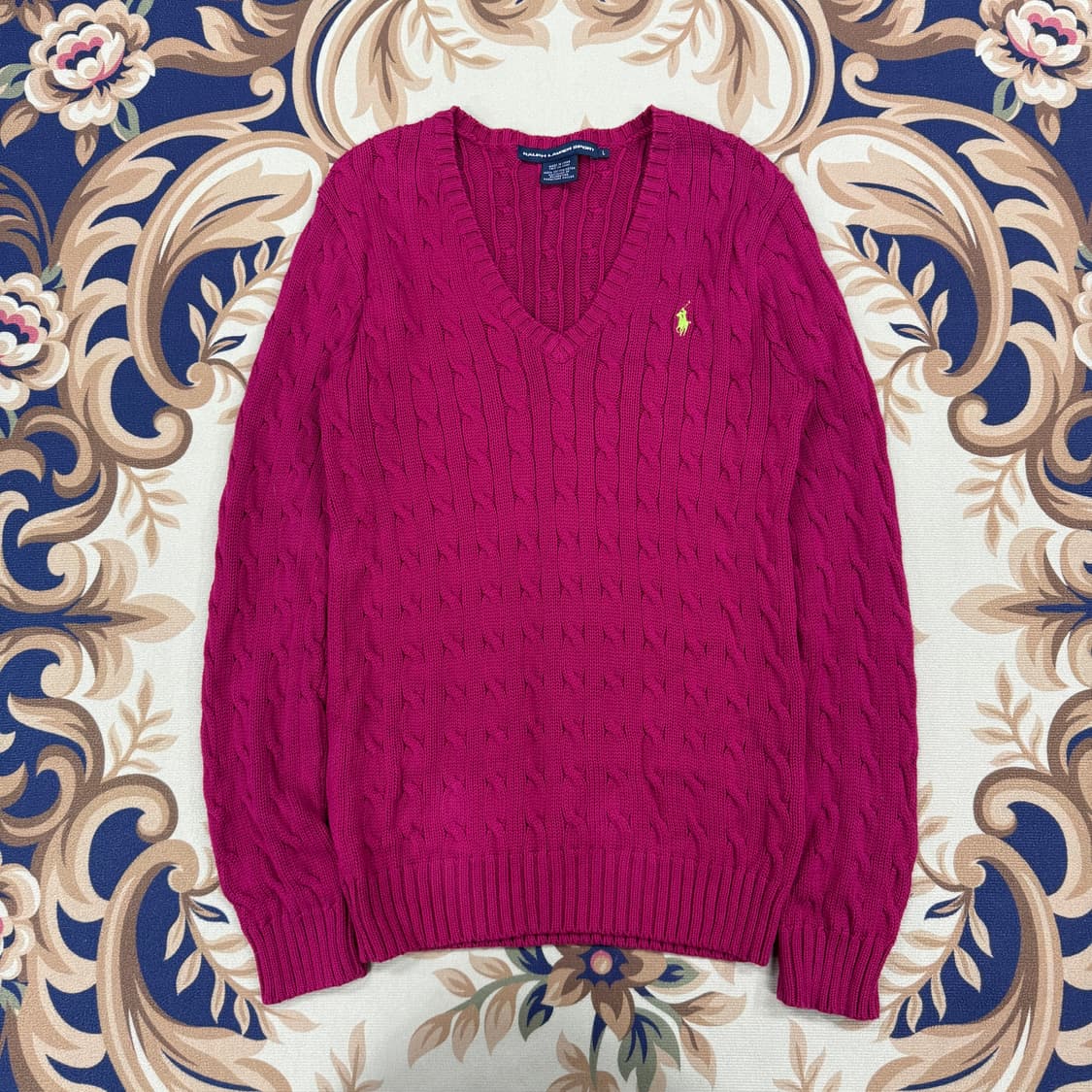 (우먼즈L)폴로 랄프로렌 코튼 브이넥 꽈배기니트(핑크) 상품이미지1