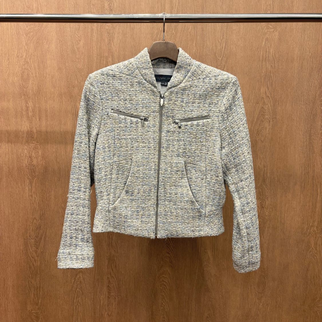 띠어리 긴팔 트위드 집업 메탈 포켓 지퍼 사이드 포켓 디테일 그레이 상품이미지2