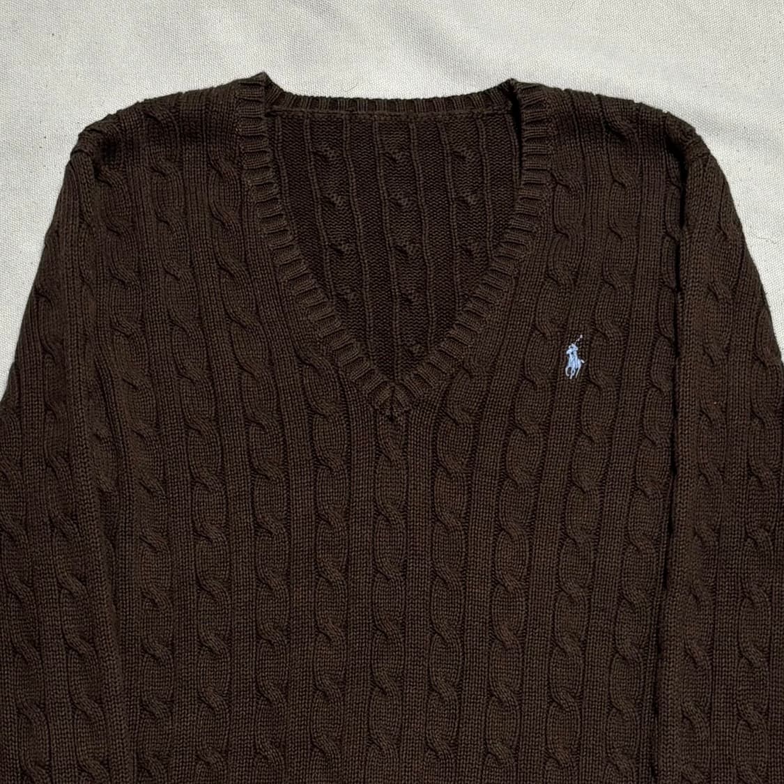 S 폴로랄프로렌 스카이블루 포니 브라운 브이넥 케이블 니트 상품이미지1