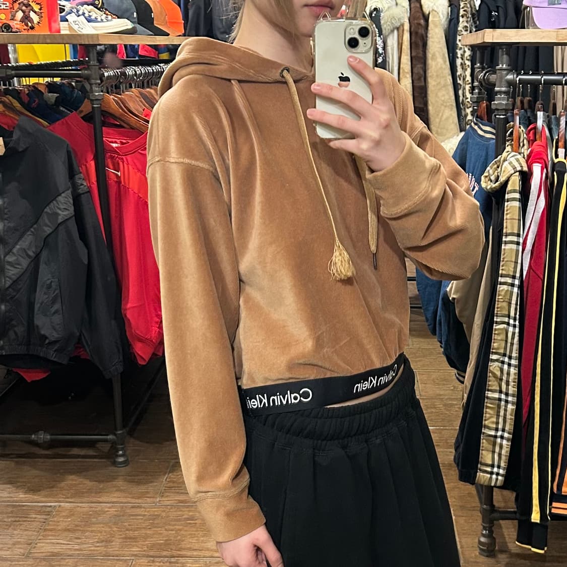 [HI] 캘빈 클라인 세미 크롭 골덴 후드티 브라운  상품이미지3