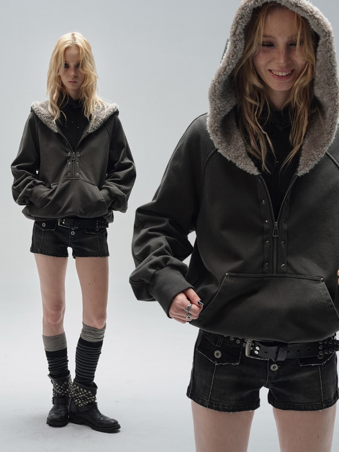 [m] 테스트메커니즘 웨어앤티어 퍼 하프 후드집업 차콜 상품이미지2