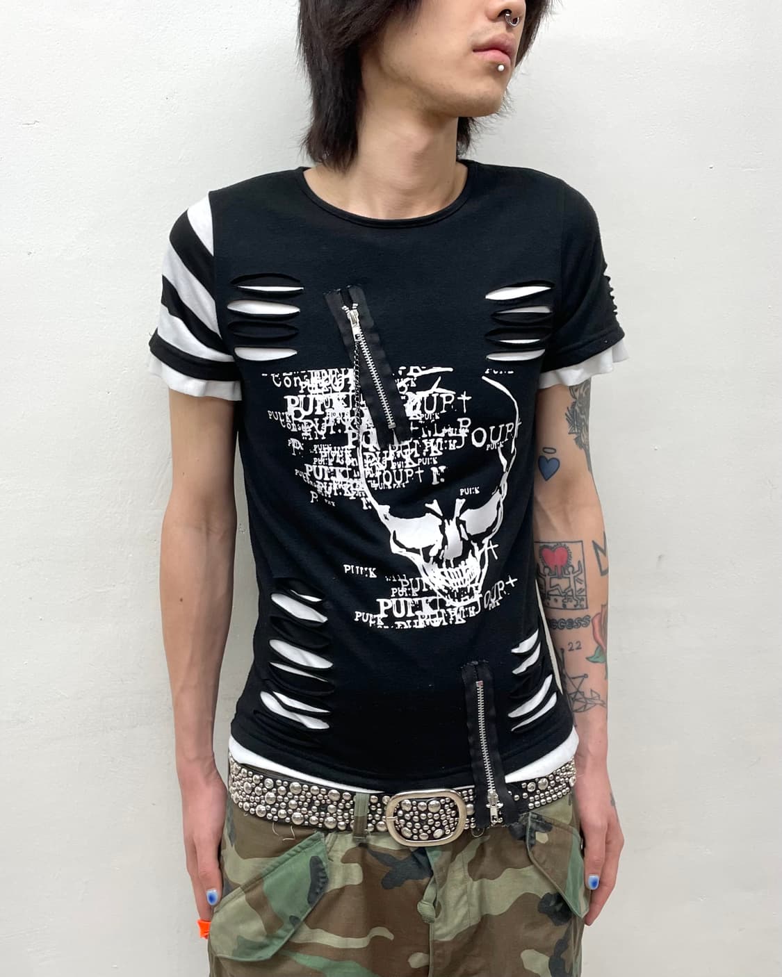 Skull Zipper Slit Punk T-Shirt  상품이미지3