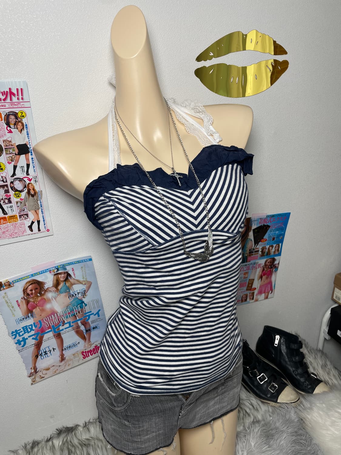 Abercrombie 네이비 스트라이프 슬리브리스 탑 상품이미지1