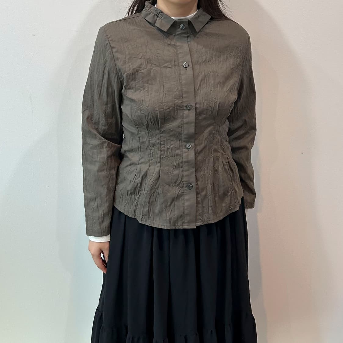 카키 플리츠 블라우스 셔츠 상품이미지1