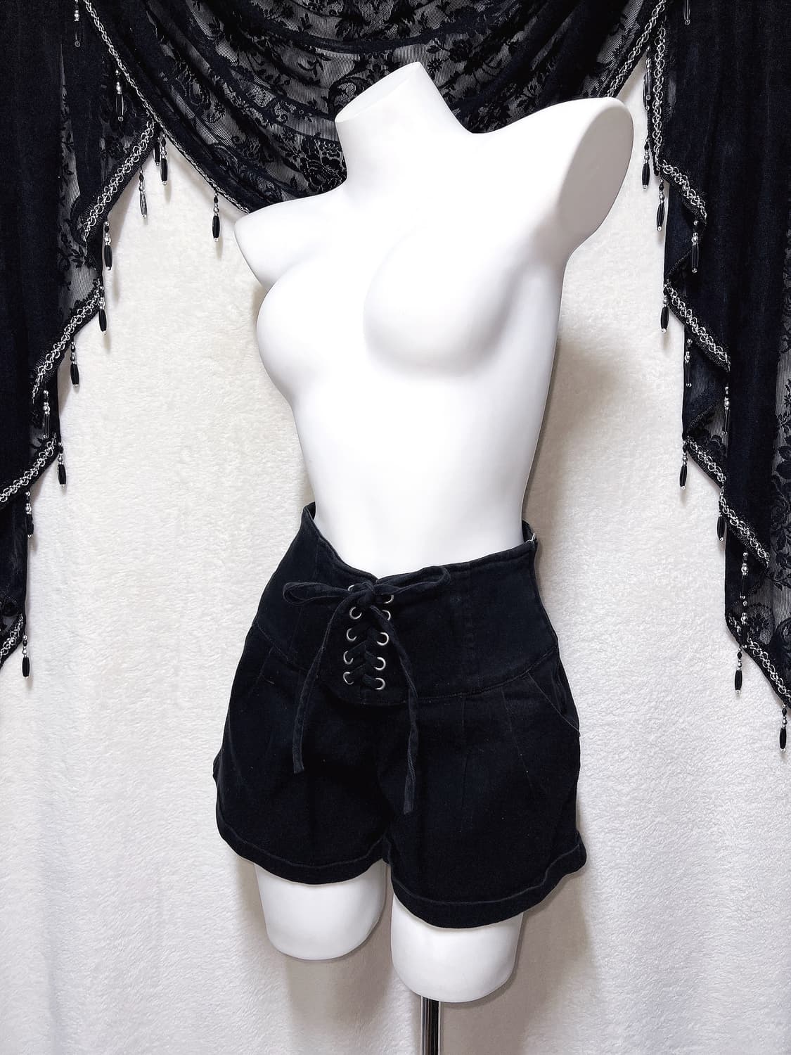 오네갸루 고스펑크 블랙 레이스업 아일렛 하이웨스크 반바지 숏팬츠 y2k 상품이미지1