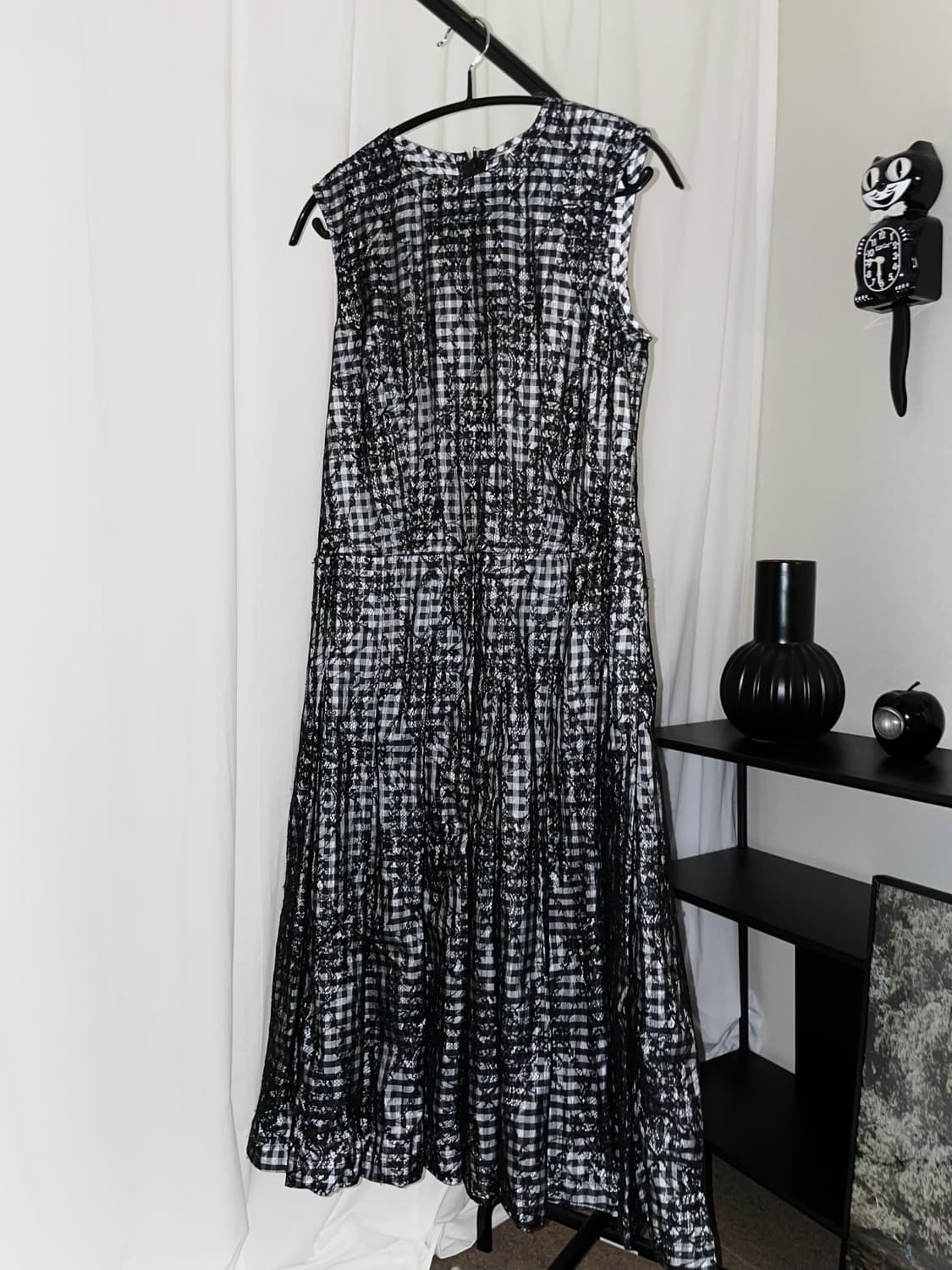 Lace Check Long Dress - Black 상품이미지1