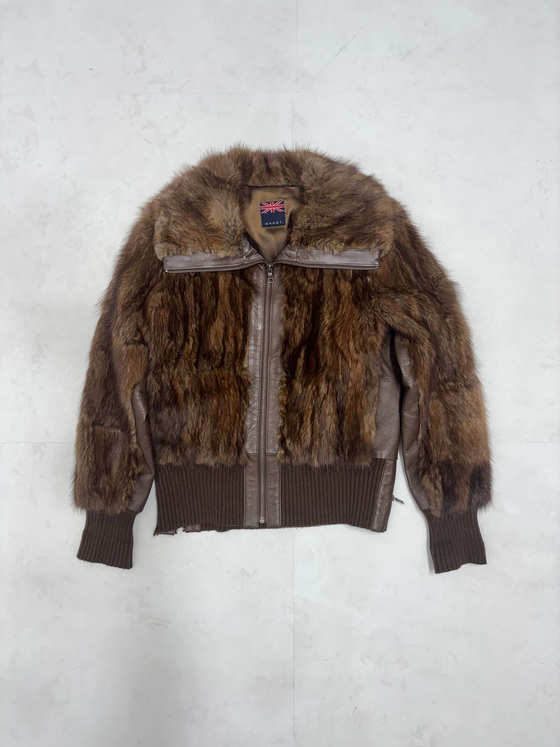 BROWN MIXED KNIT LEATHER FUR JACKET 상품이미지1