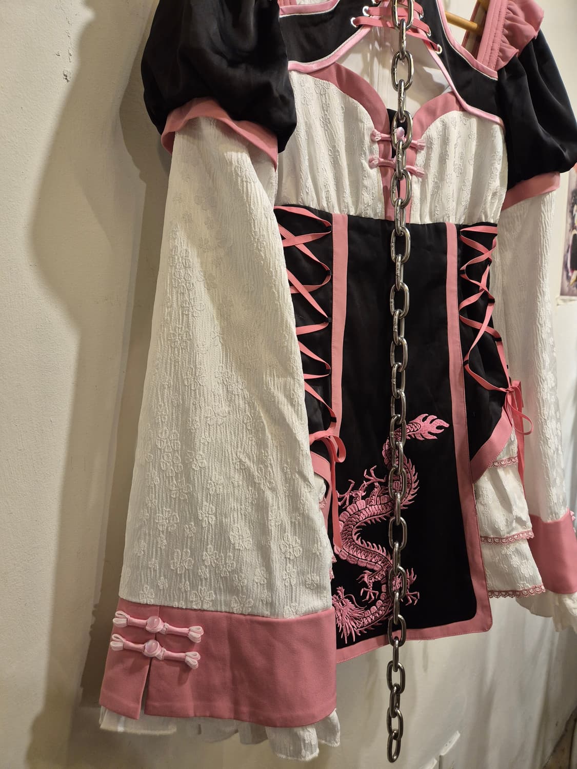 홀터 아일렛 용 플라워 자수 블랙 핑크 원피스 오리엔탈 상품이미지7