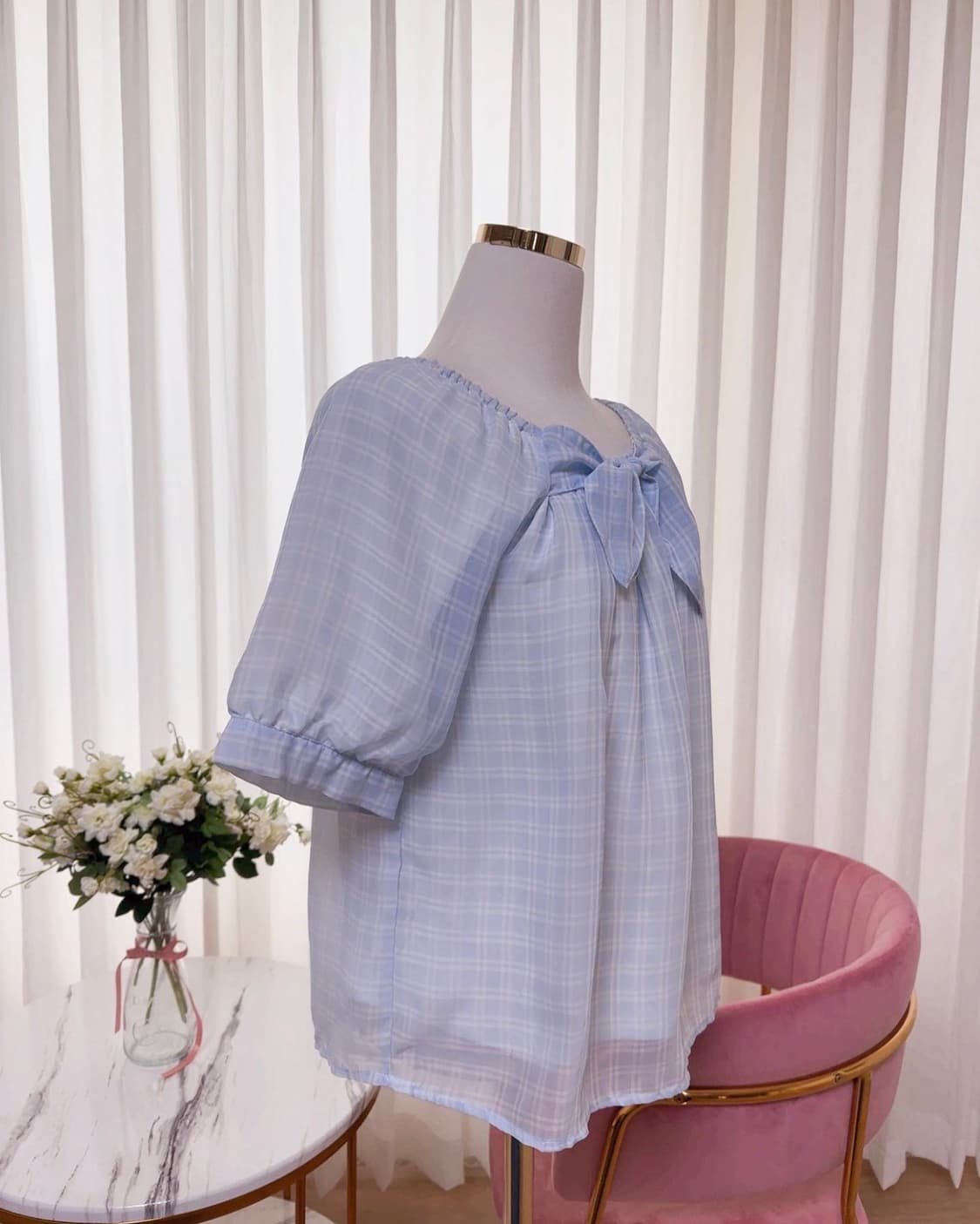 쉬폰 체크 벌룬소매 리본 블라우스 상품이미지4