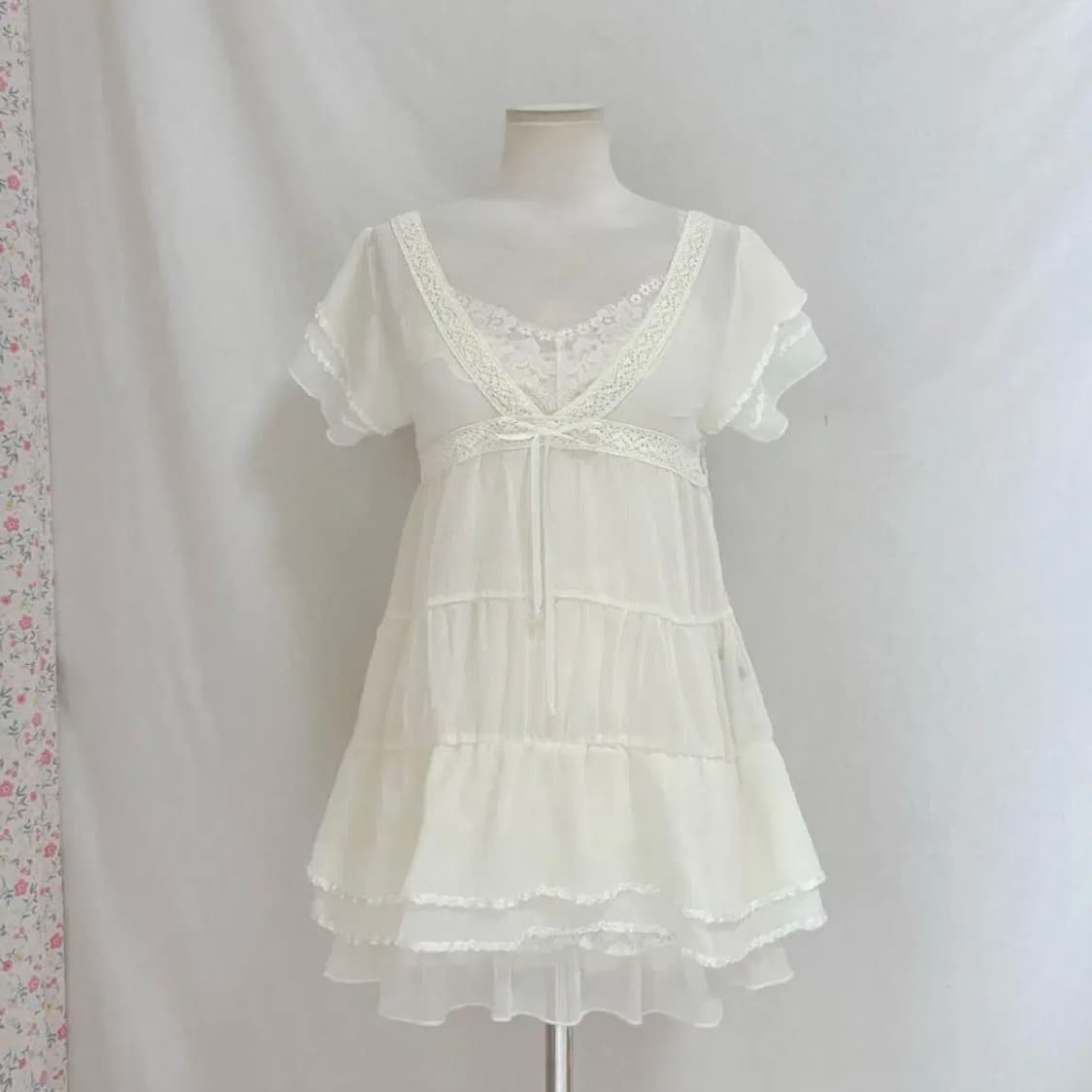 빈티지 | 크림 아이보리 시스루 레이스 튜닉 블라우스 페어리 히메갸루 상품이미지2