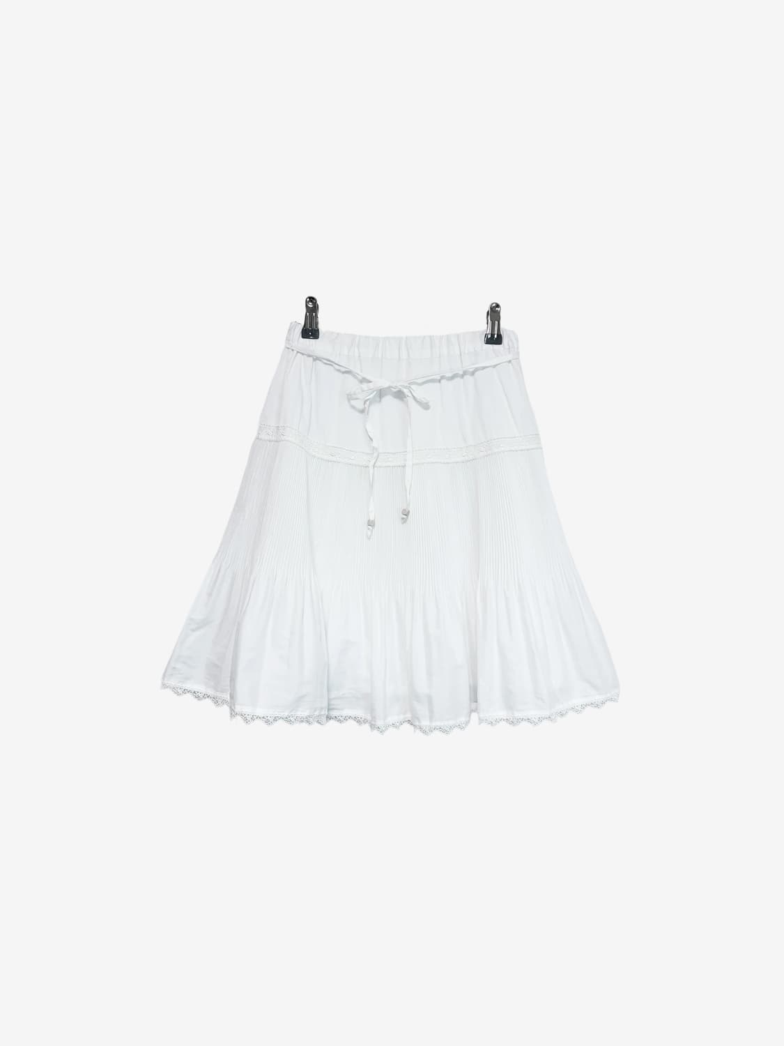 Lace Trim Pleated Midi Skirt - White 상품이미지4