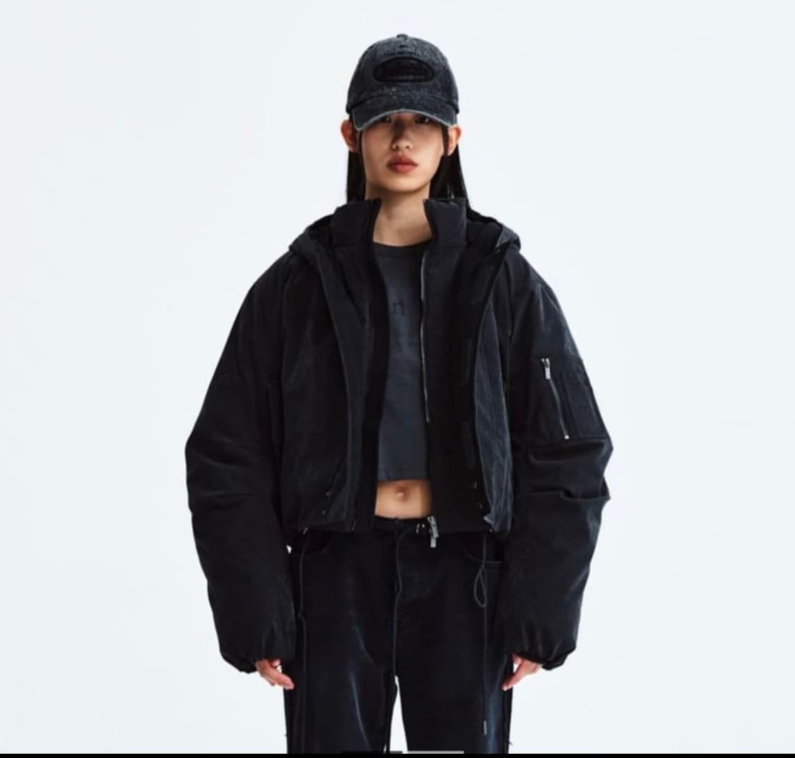 Matin Kim 마뗑킴 레이어드 후디 봄버 다운 자켓 차콜 S 상품이미지1