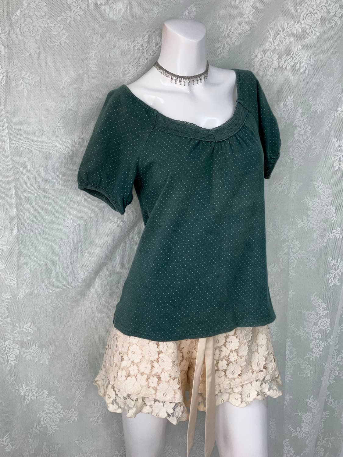 빈티지 청록 땡땡이 크로셰 퍼프 반팔 1118 모리걸 y2k 스트릿 갸루 상품이미지1