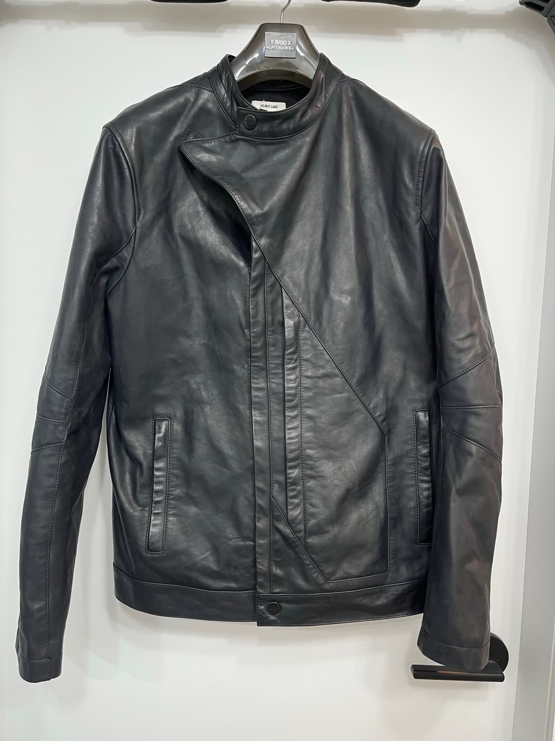(L) 헬무트랭 블랙 다이어그널 리얼레더 라이더 자켓 상품이미지1