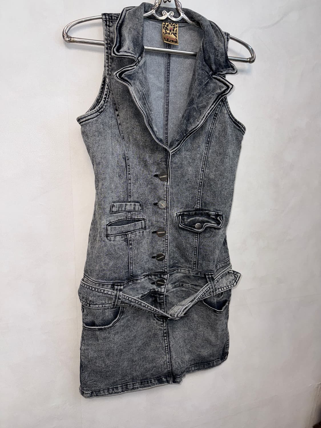 Washing black denim pocket belted ops 상품이미지2
