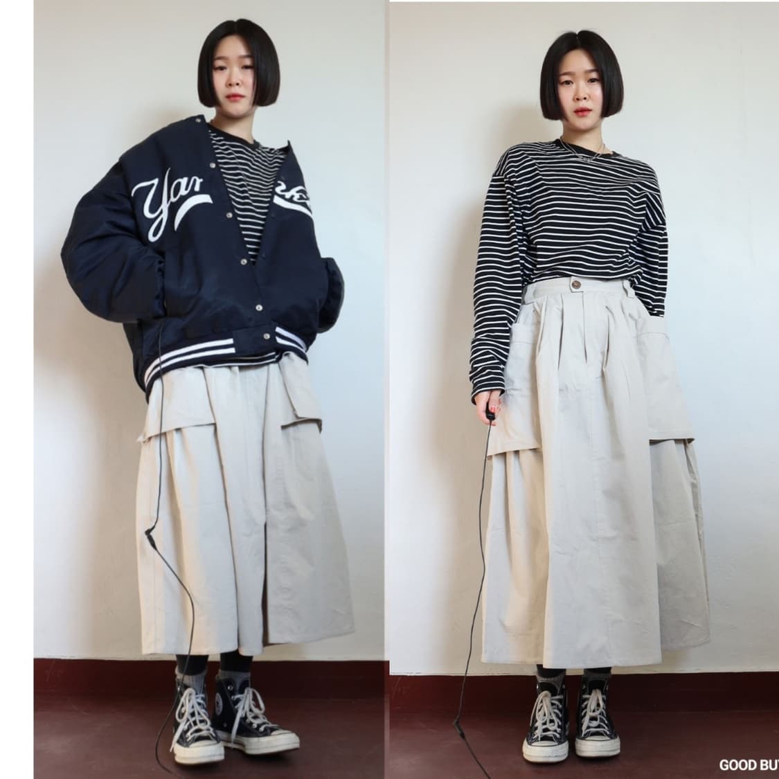 유니크한 아이보리 포켓 워크 롱스커트 상품이미지1