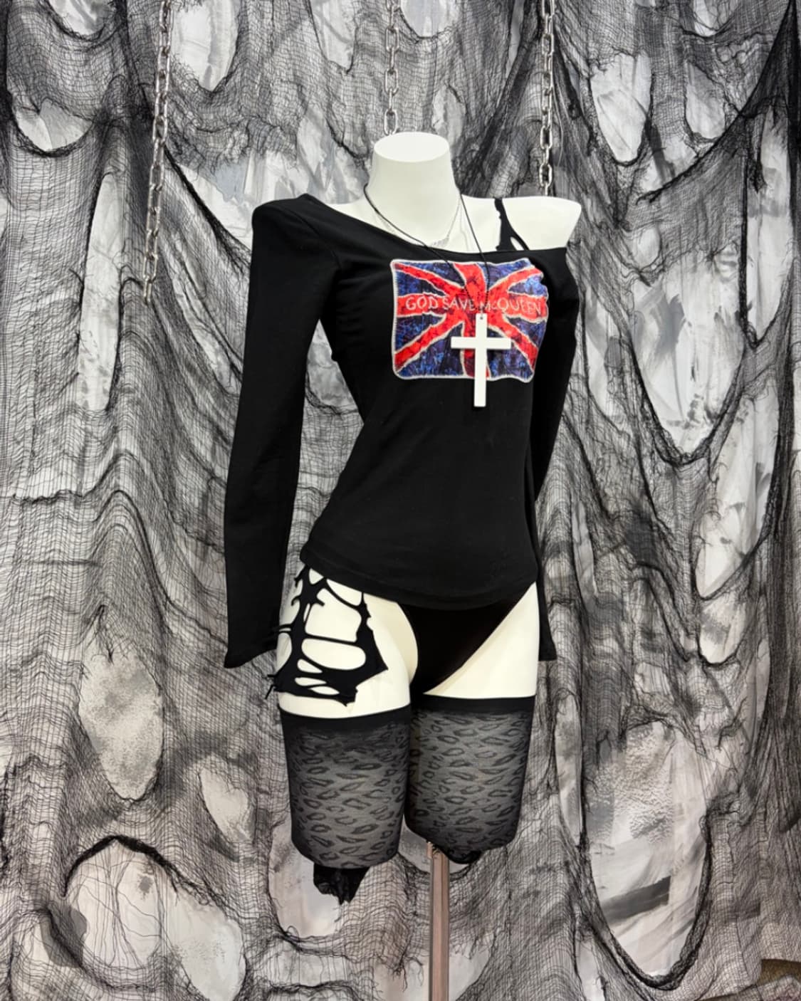 Y2K velvet union jack off-shoulder 상품이미지3