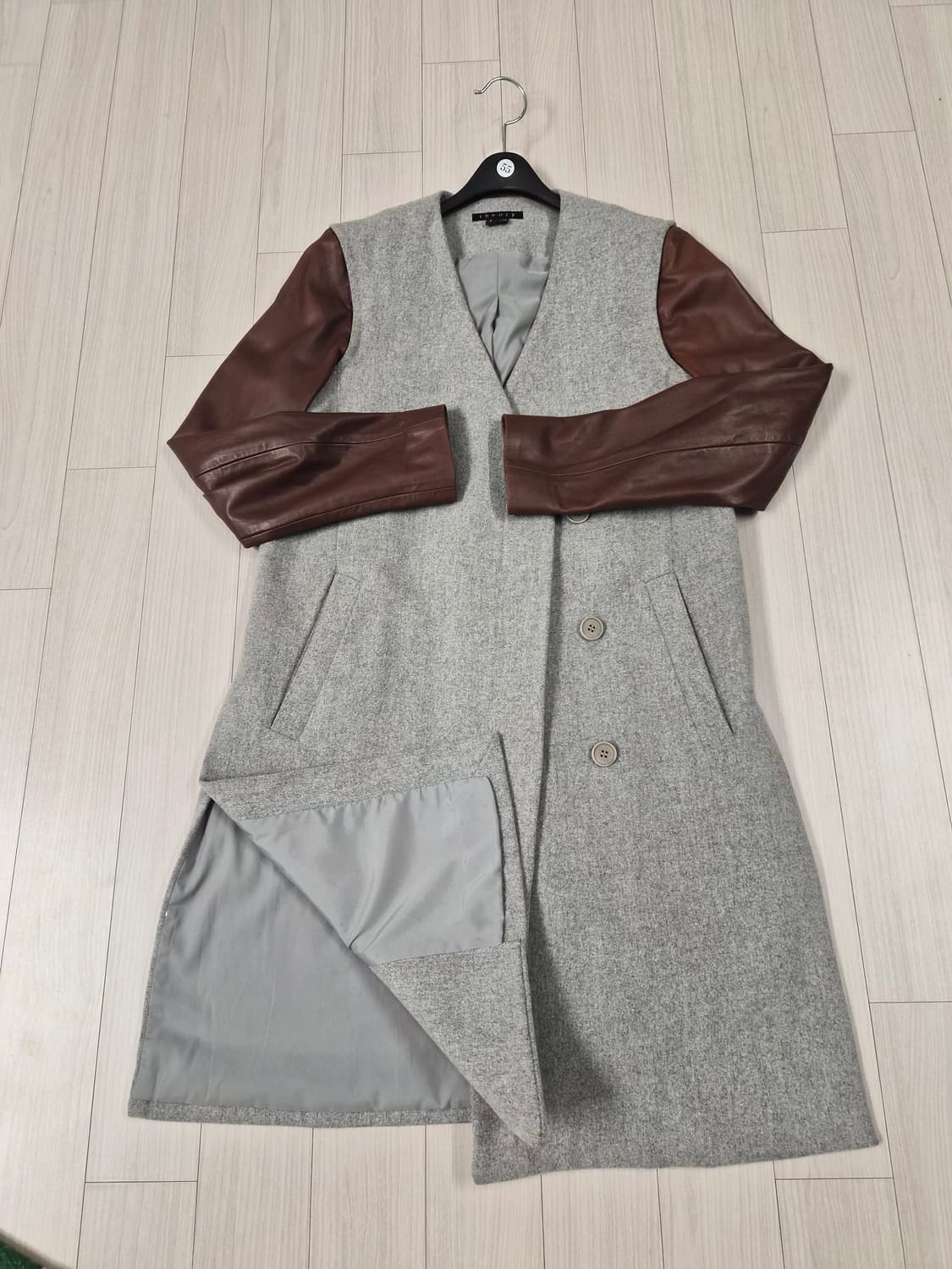 [정품] 띠어리(Theory) 울 x 램스킨 리얼 가죽 배색 롱 코트 상품이미지4