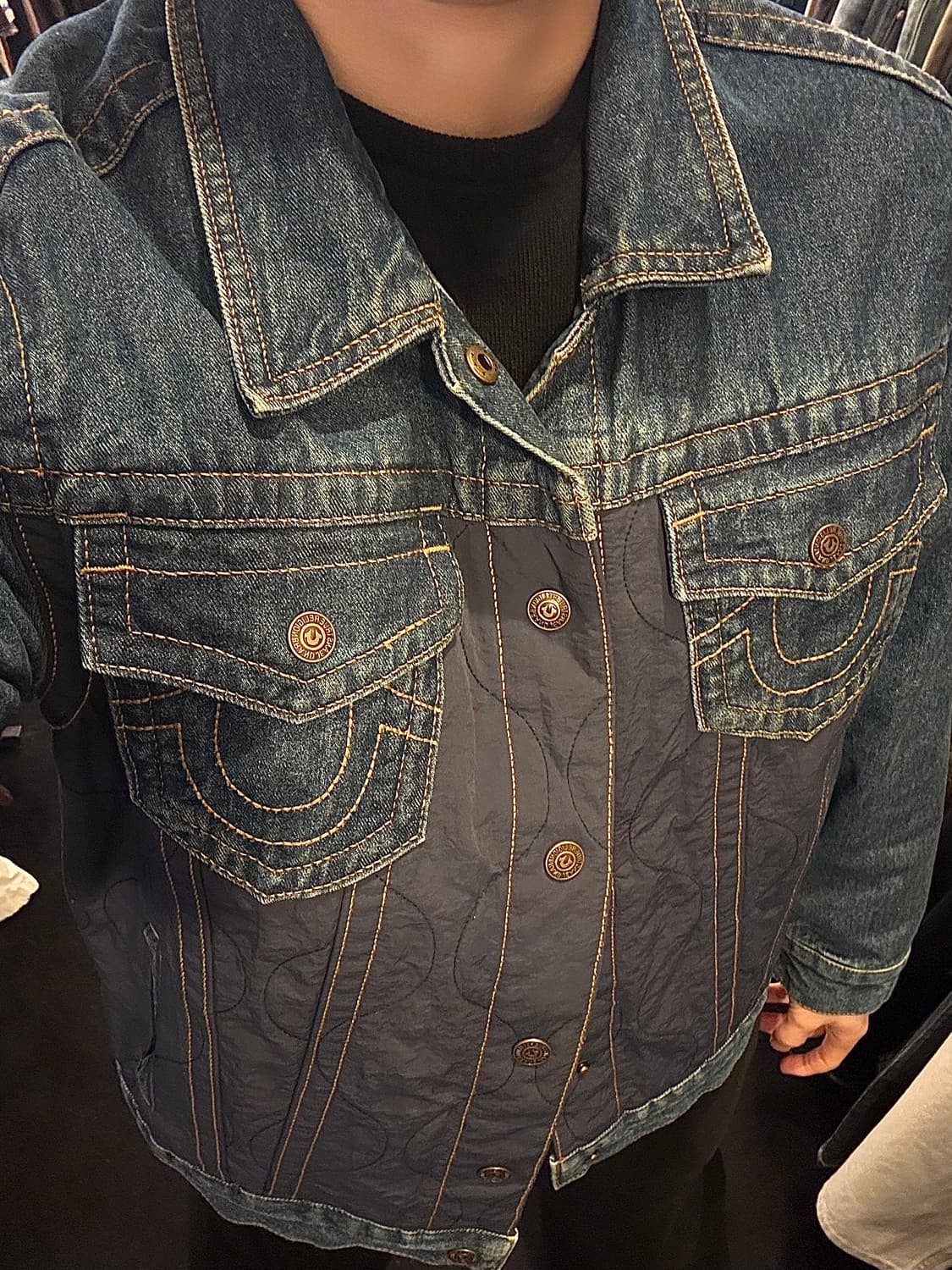 트루릴리젼 누빔 데님 믹스 트러커 청 자켓 네이비 남색 깔깔이 100 L 상품이미지2