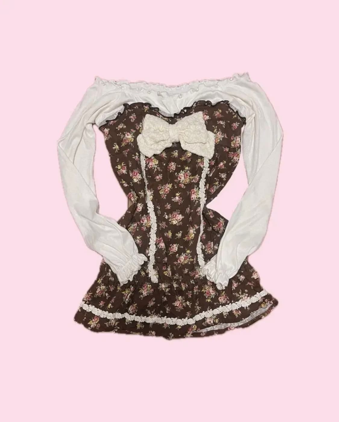 LIZLISA 리즈리사 빅리본 초코 플로럴 오프숄더 원피스 상품이미지1