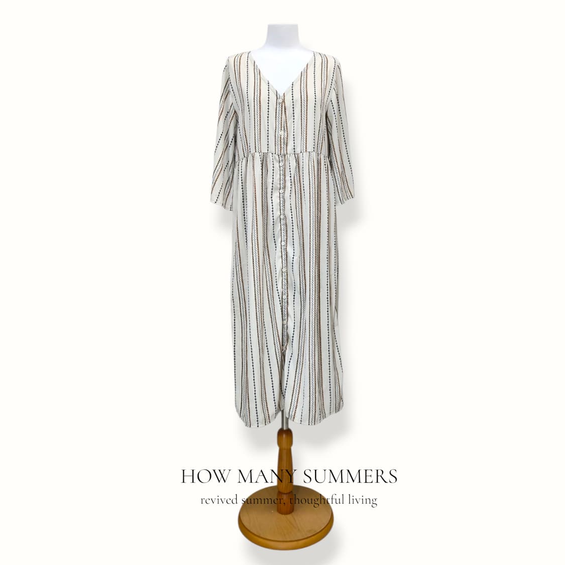 에스닉 스트라이프 롱 원피스 L 아이보리 브이넥 로브 7부 상품이미지1