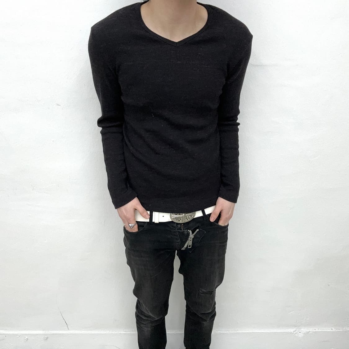 burgundy v-neck long sleeve 상품이미지1