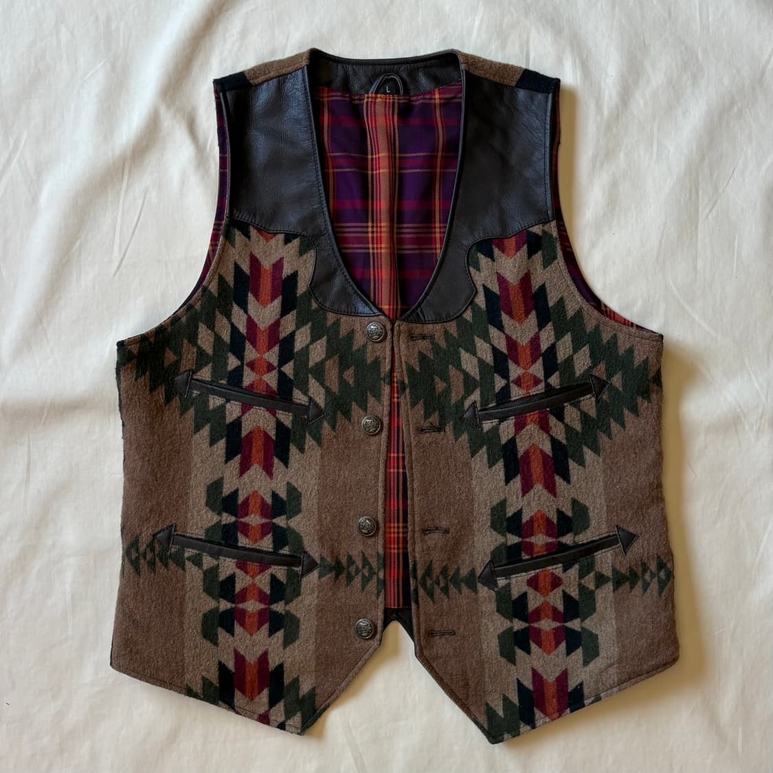 [L/102] Navajo Blanket 다크 브라운 레더 웨스턴 베스트 상품이미지1