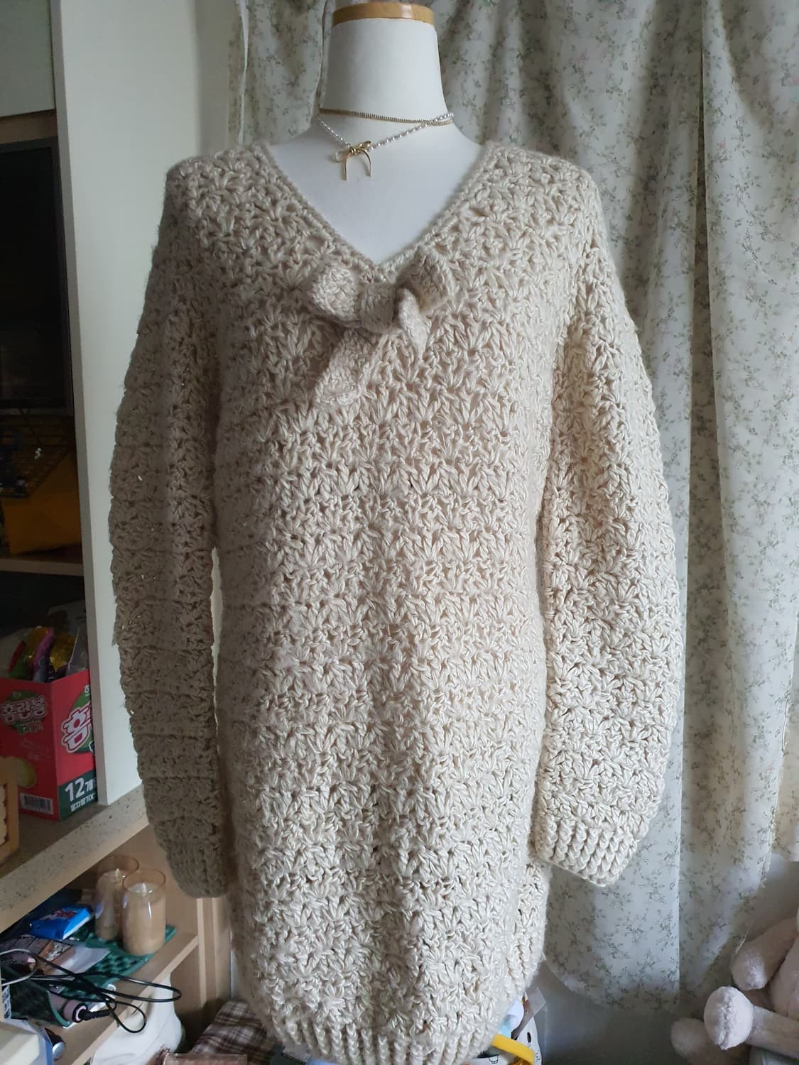 [빈티지] 아이보리 리본 니트 롱 원피스 상품이미지2