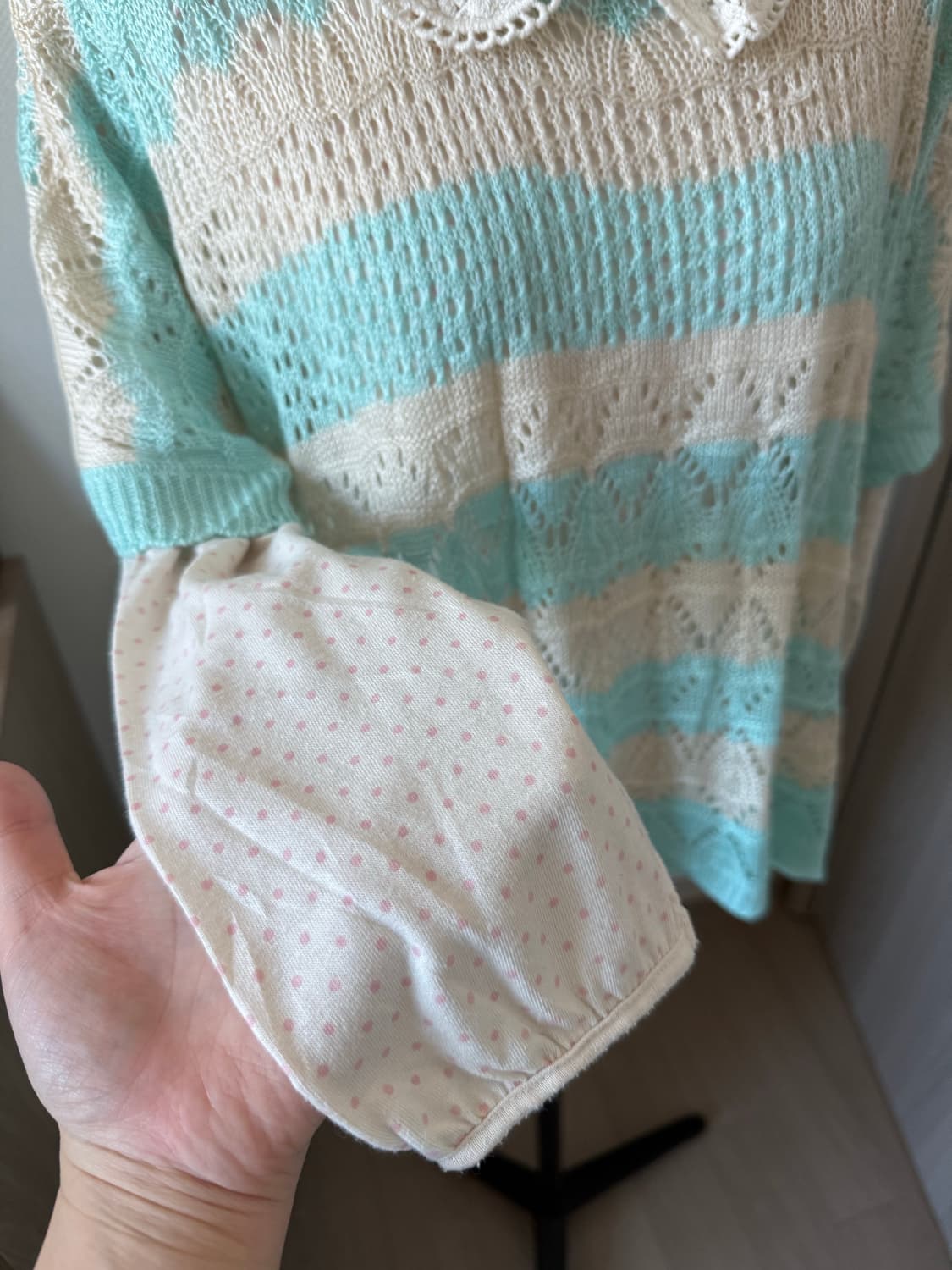 아오이유우 핑크도트티셔츠+그물니트 레이어드 세트 상품이미지2