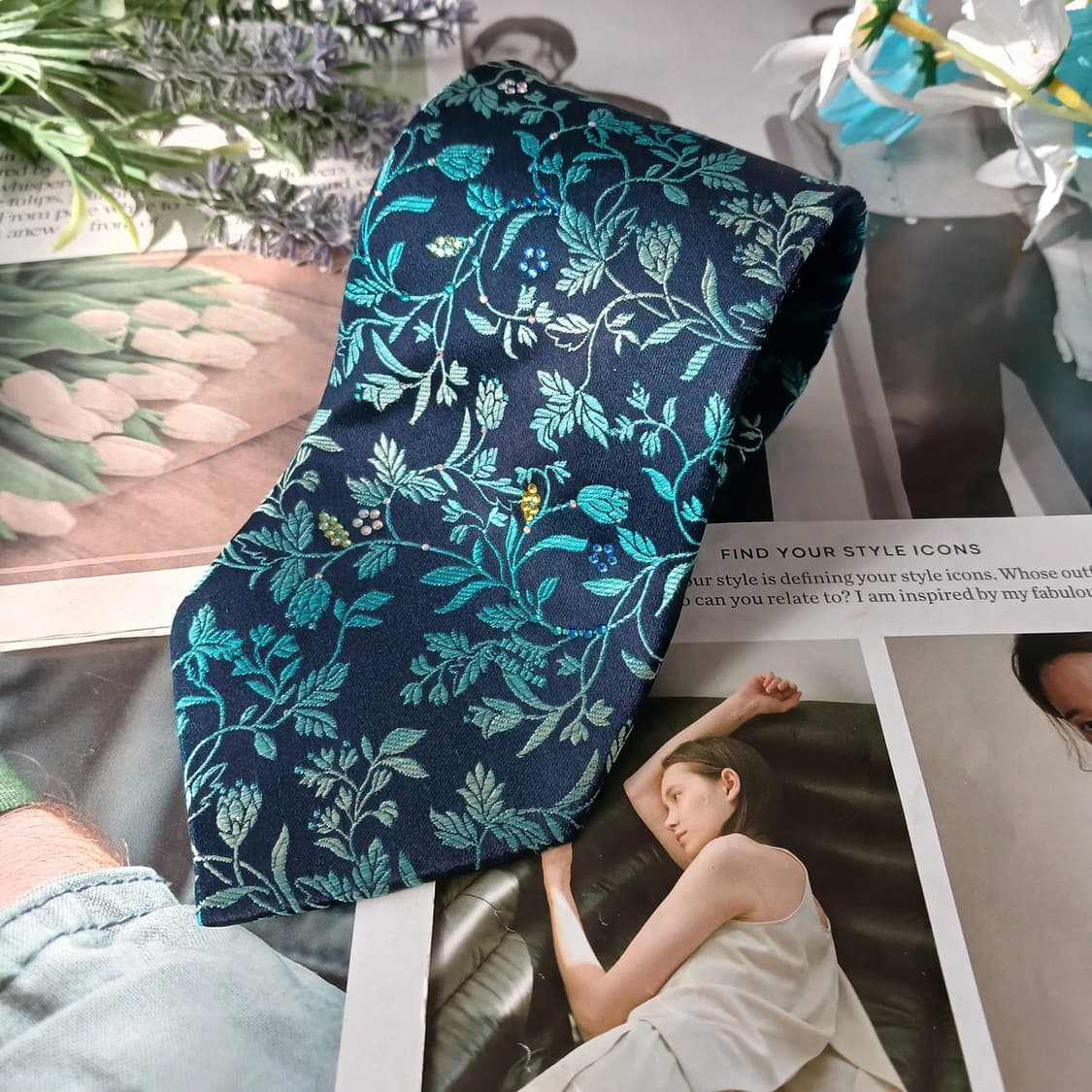 밀라숀 실크 네이비 플로럴 자카드 넥타이 8.9cm A+등급 A19556 상품이미지6