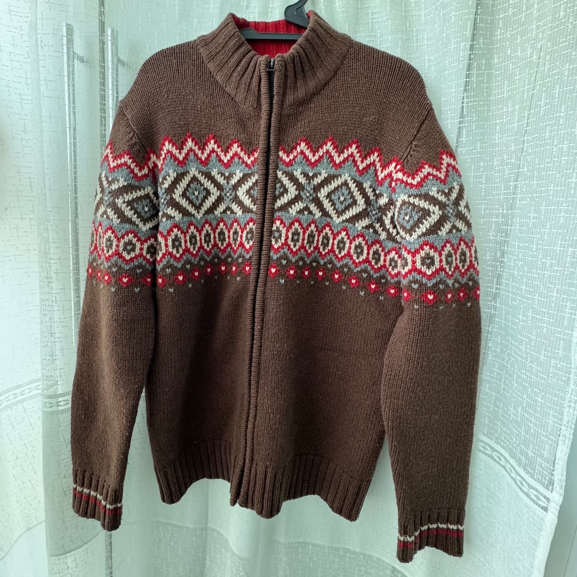 빈티지패턴 브라운 레드그레이 노르딕패턴 집업 가디건 L 상품이미지2