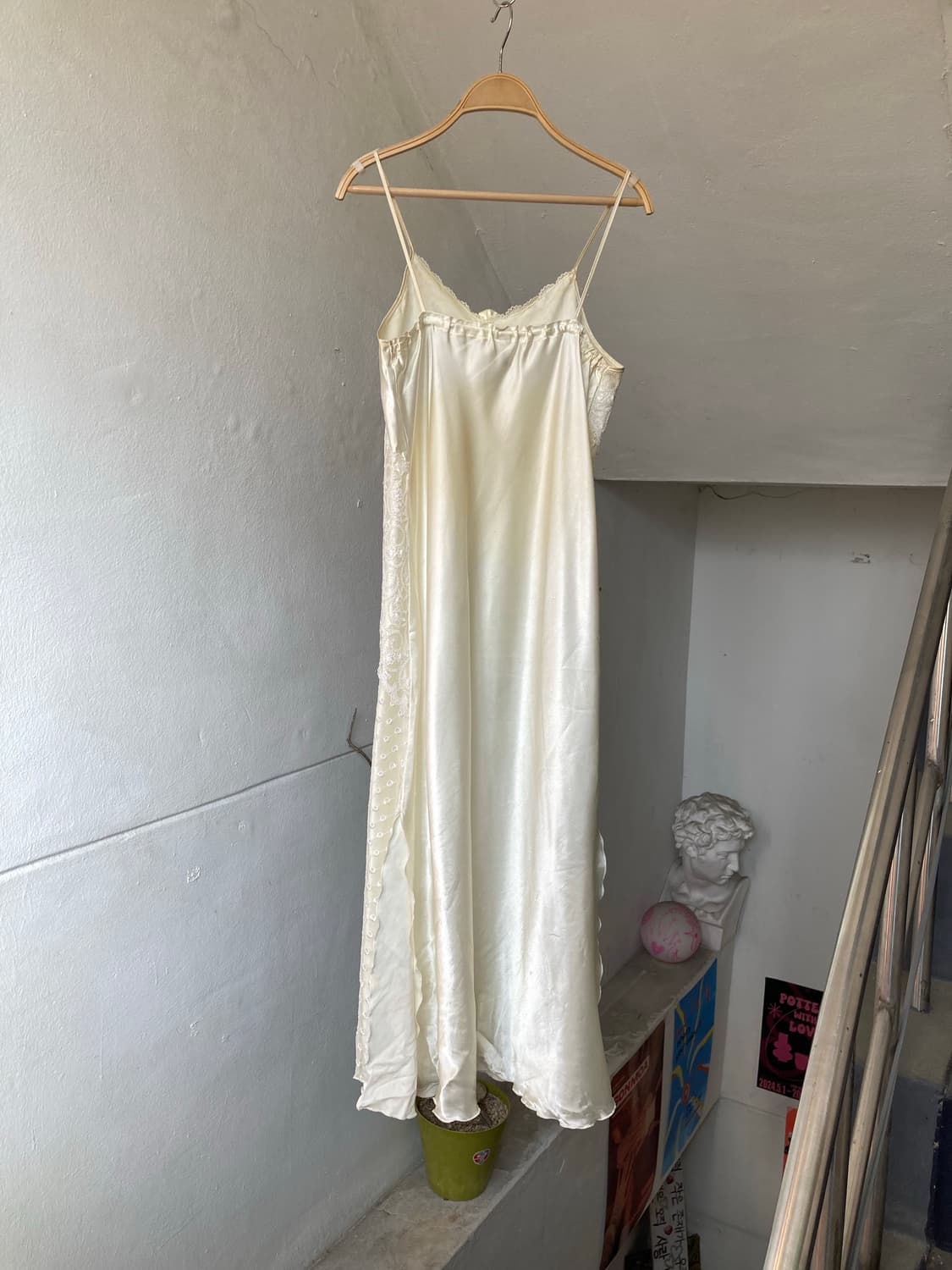 레이스 크림 롱 끈 슬립 원피스 상품이미지5