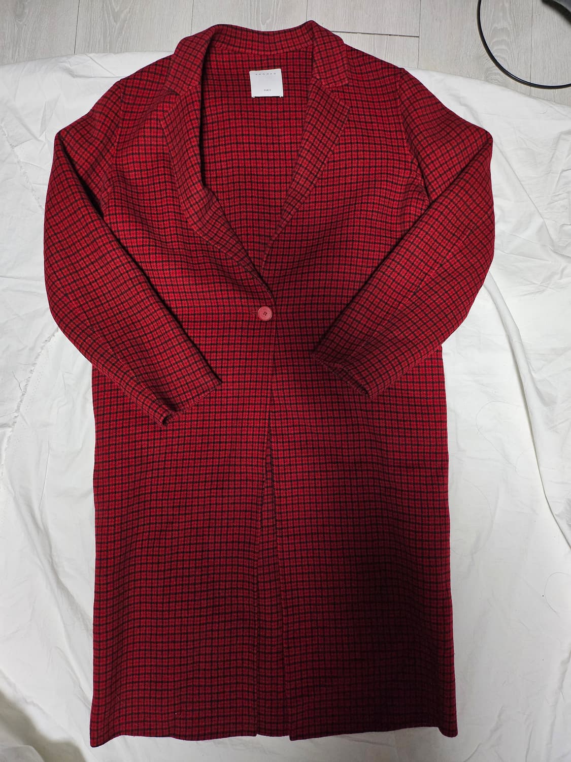 산드로 레드 블랙 체크 패턴 핸드메이드 울 혼방 코트 L 상품이미지1